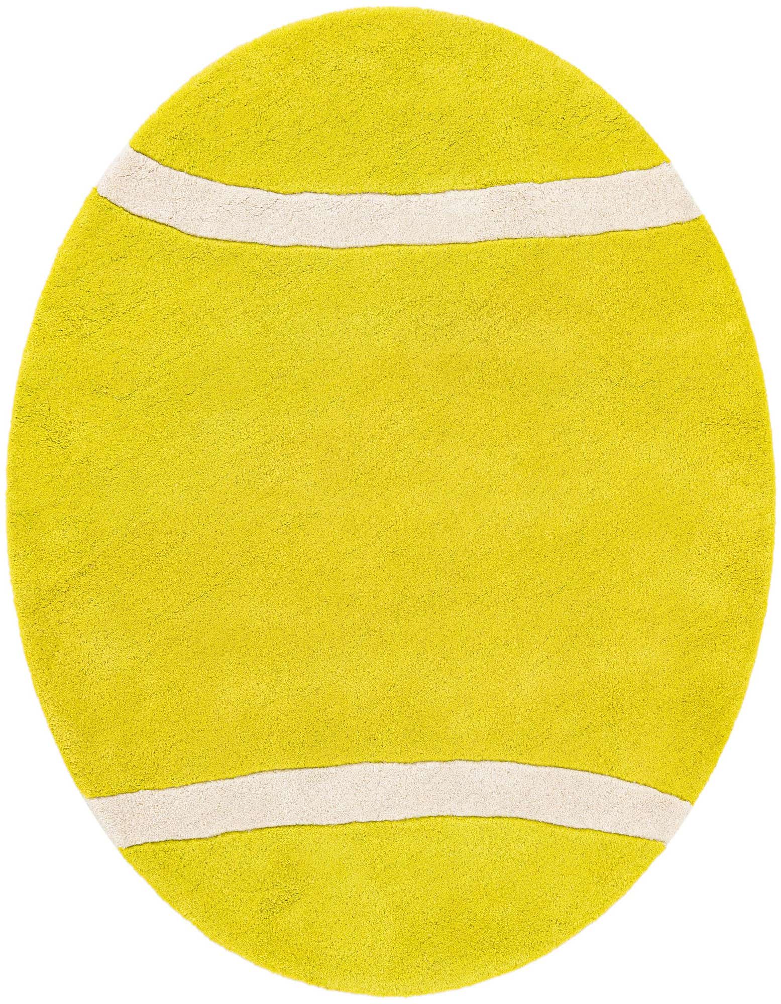 A round, high-pile yellow rug with two curved white stripes, resembling a tennis ball, on a white background.