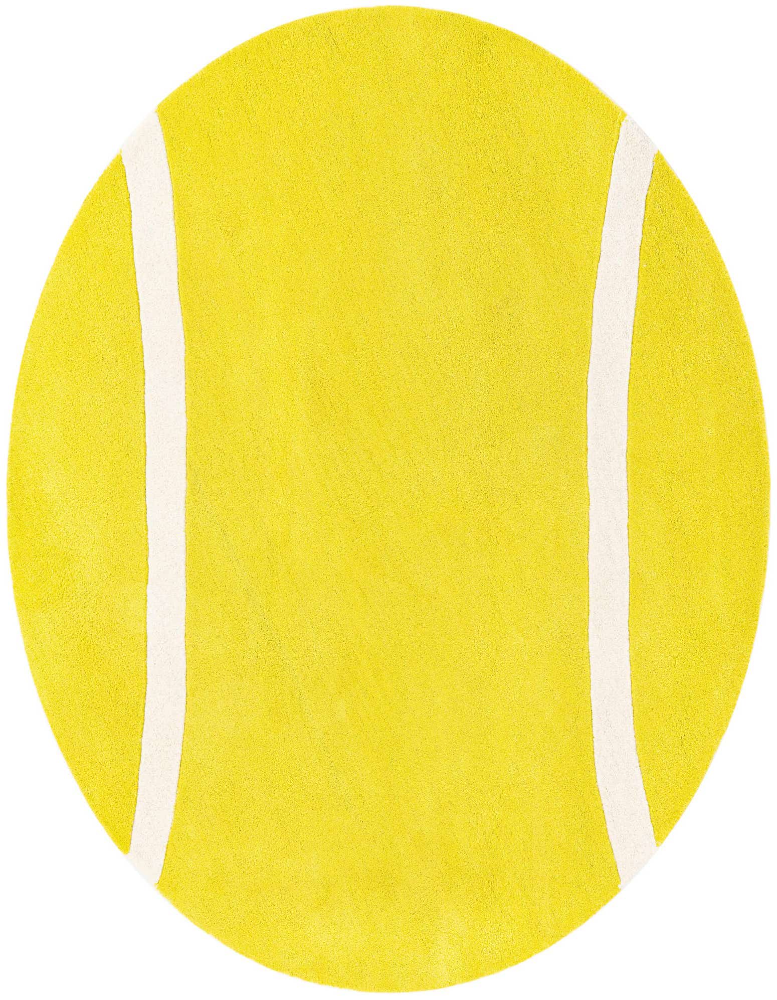 A round, high-pile yellow rug shaped like a tennis ball with two curved white stripes, perfect for a kids' room.
