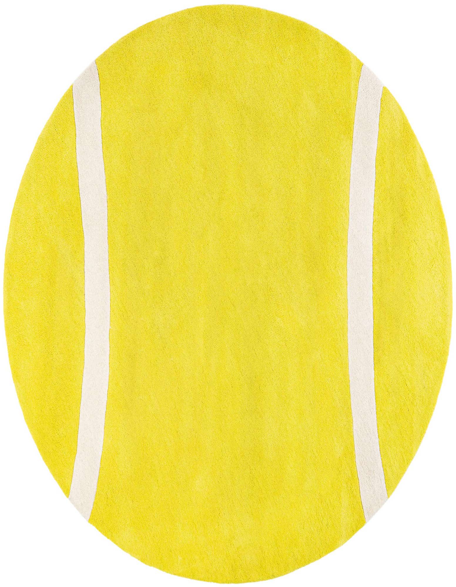 A vibrant yellow round rug shaped like a tennis ball with two white curved lines, perfect for a child's play area.