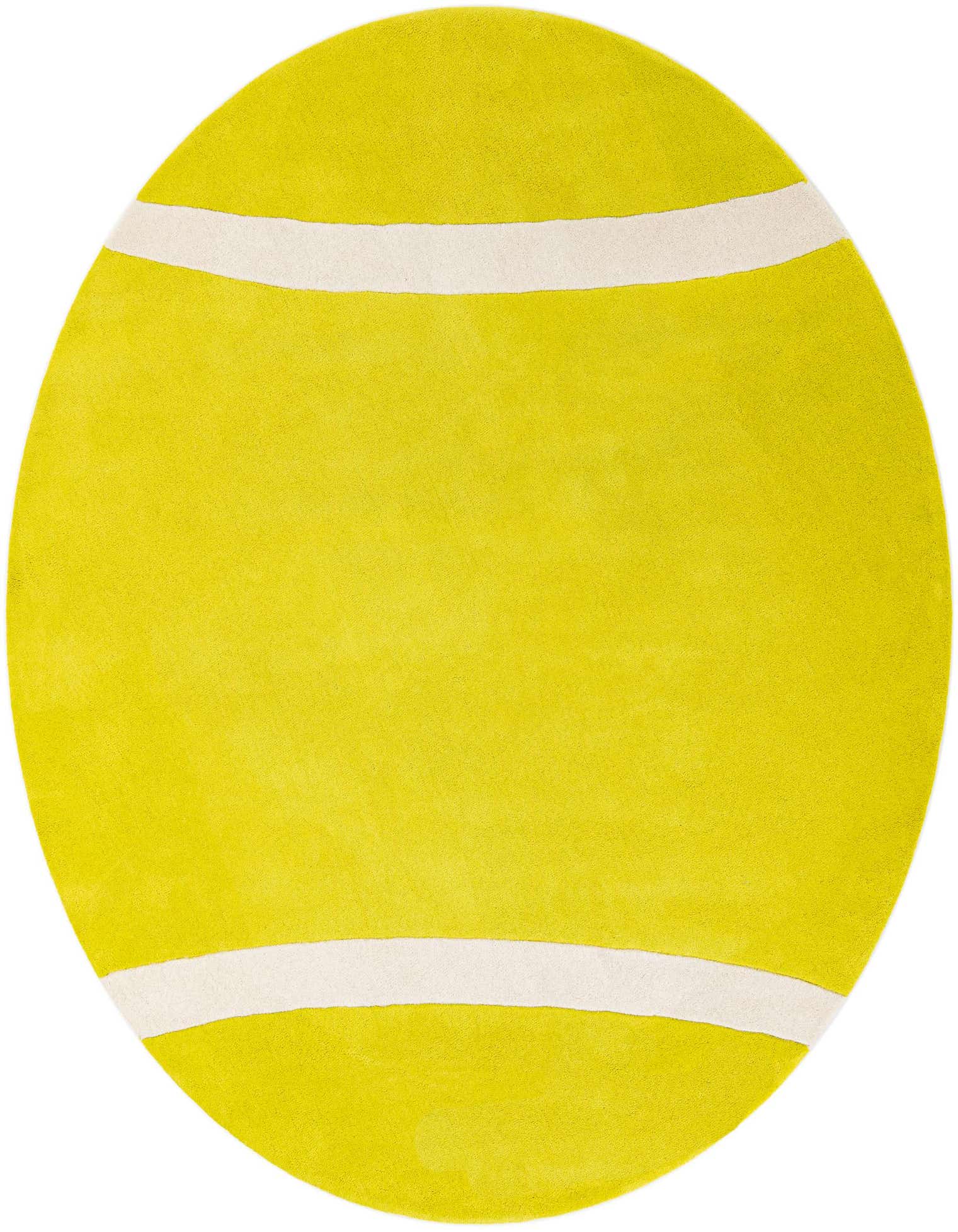 A vibrant yellow round rug shaped like a tennis ball with two curved white stripes, perfect for a child's playroom.