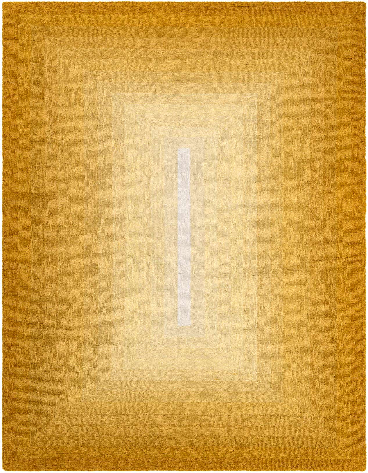 A rectangular 5x8 yellow and gold ombre wool rug with a high pile, featuring a gradient from dark gold edges to a light yellow center.