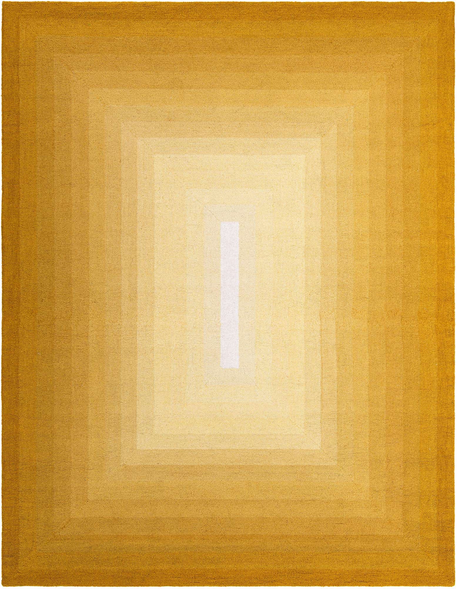 A modern 8x10 rectangular wool rug featuring an ombre pattern transitioning from deep gold to light yellow and white in concentric rectangles.