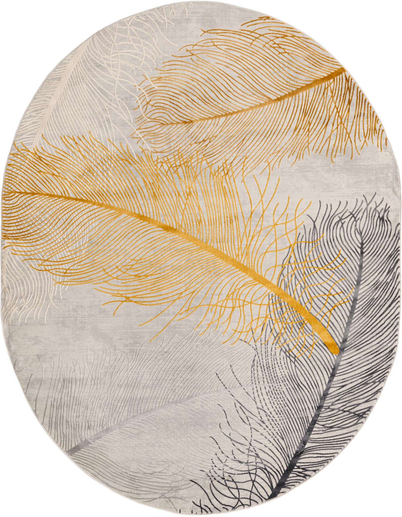 An oval gray rug with large, flowing feather patterns in gold, silver, and charcoal, creating a modern tropical look.