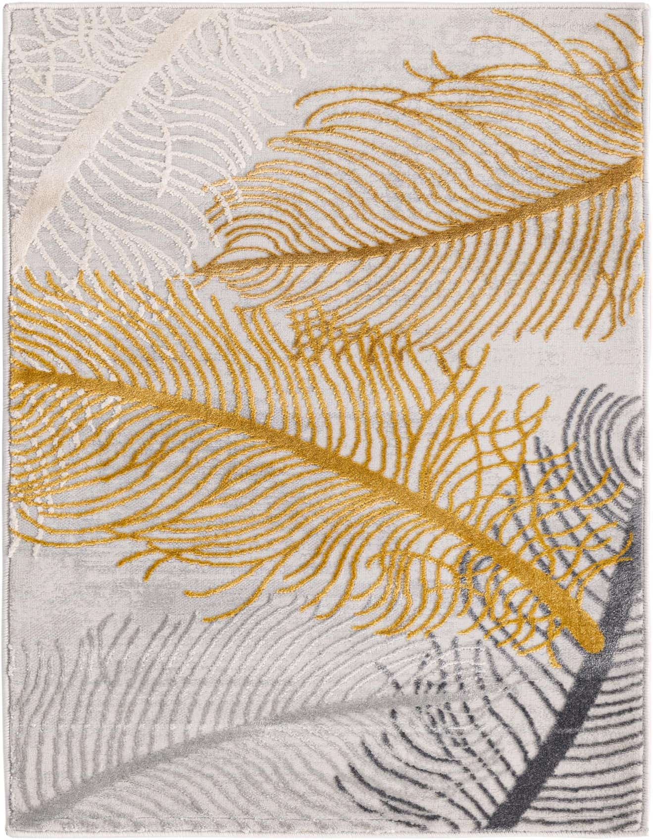 A 2x3 rectangular gray rug with a modern tropical pattern of large gold and silver feather-like leaves.