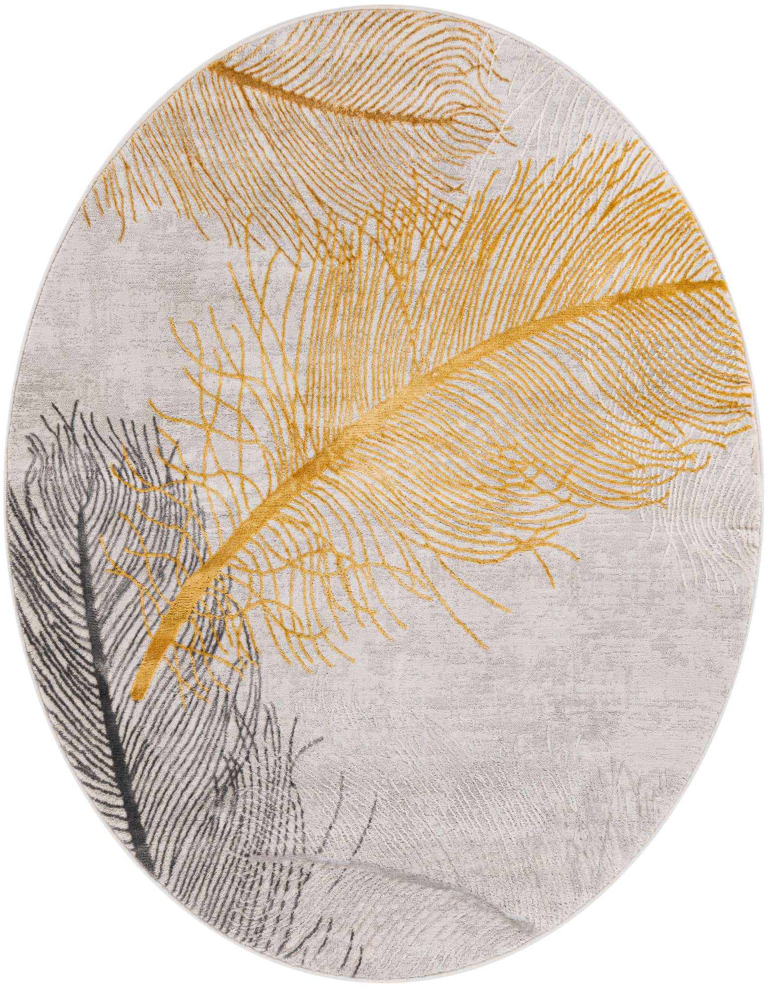 A round Finsbury rug featuring large, modern feather designs in gold and gray on a light gray background.