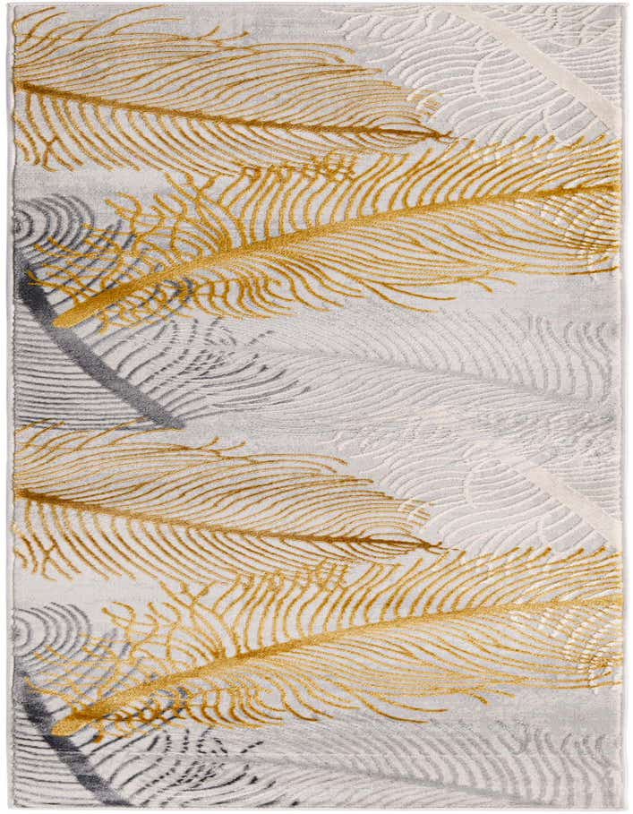 A 6 ft runner rug with a modern tropical feather pattern in shades of gray, silver, and gold, featuring a textured high-low pile.