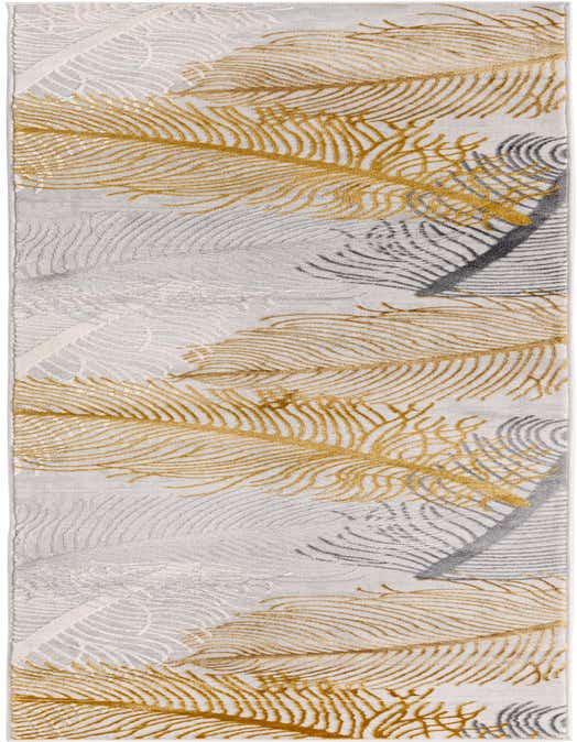 A gray and gold Finsbury runner rug with a modern tropical feather pattern, ideal for a hallway.