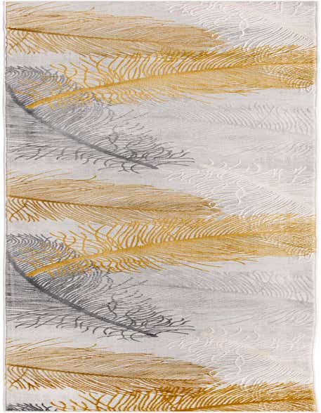 A 12 ft runner rug featuring a modern tropical pattern of large gray, white, and gold textured feathers on a light gray background.