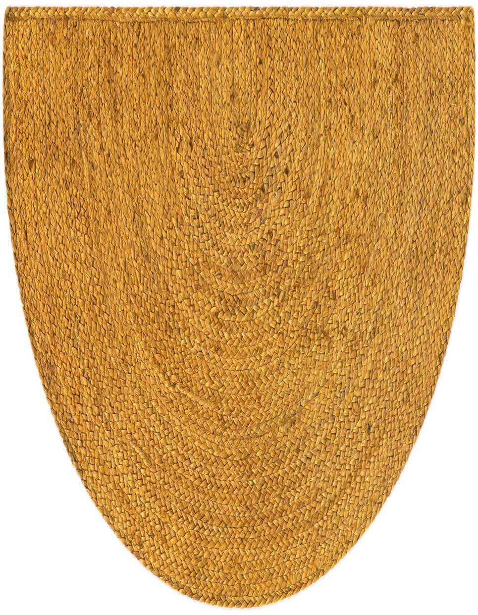 A 2' 2 x 3' 7 hearth-shaped rug in braided yellow jute, featuring a textured, flatweave construction.