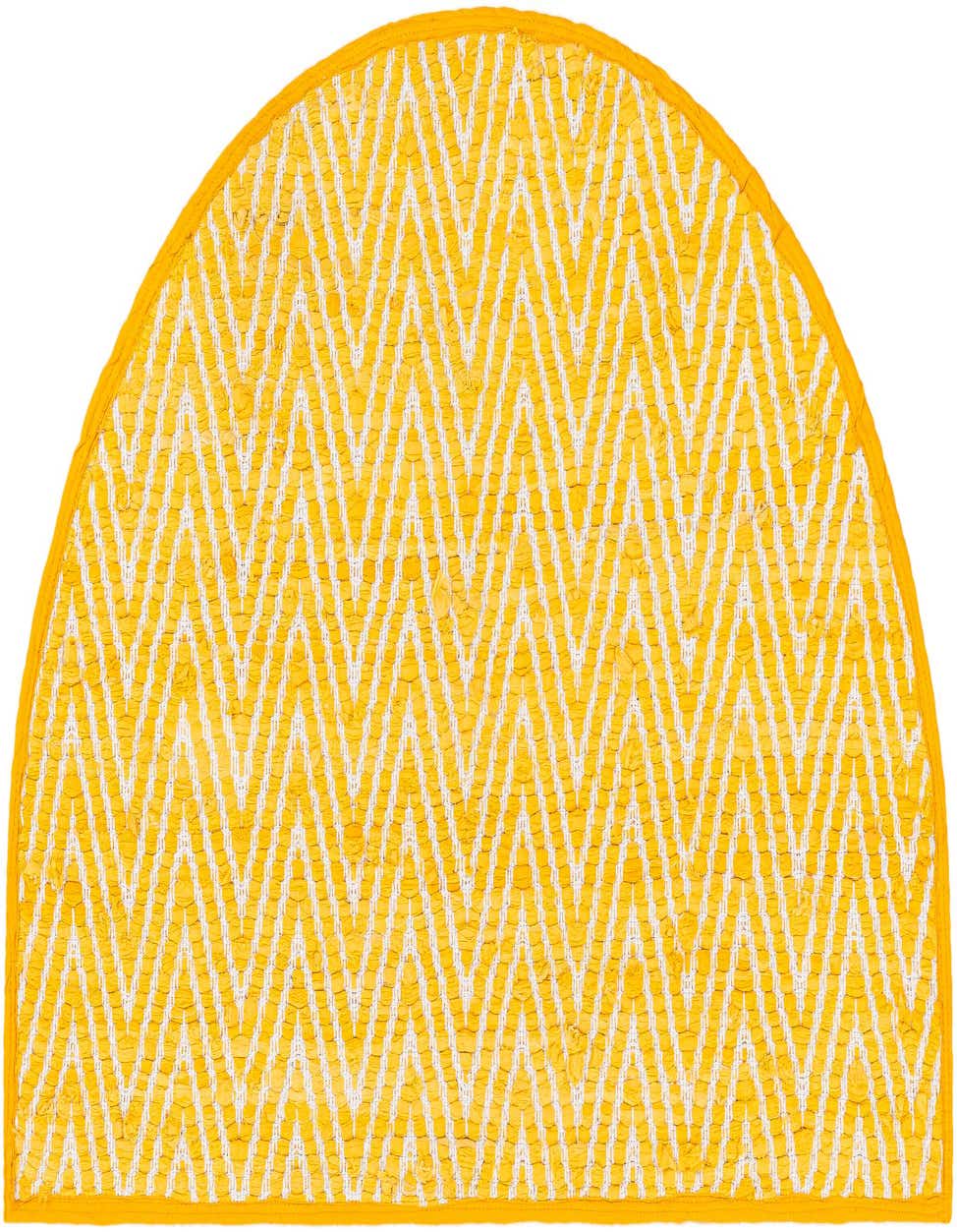 A 2' 2 x 3' 7 yellow and white chevron hearth rug made from cotton, featuring a textured flatweave.