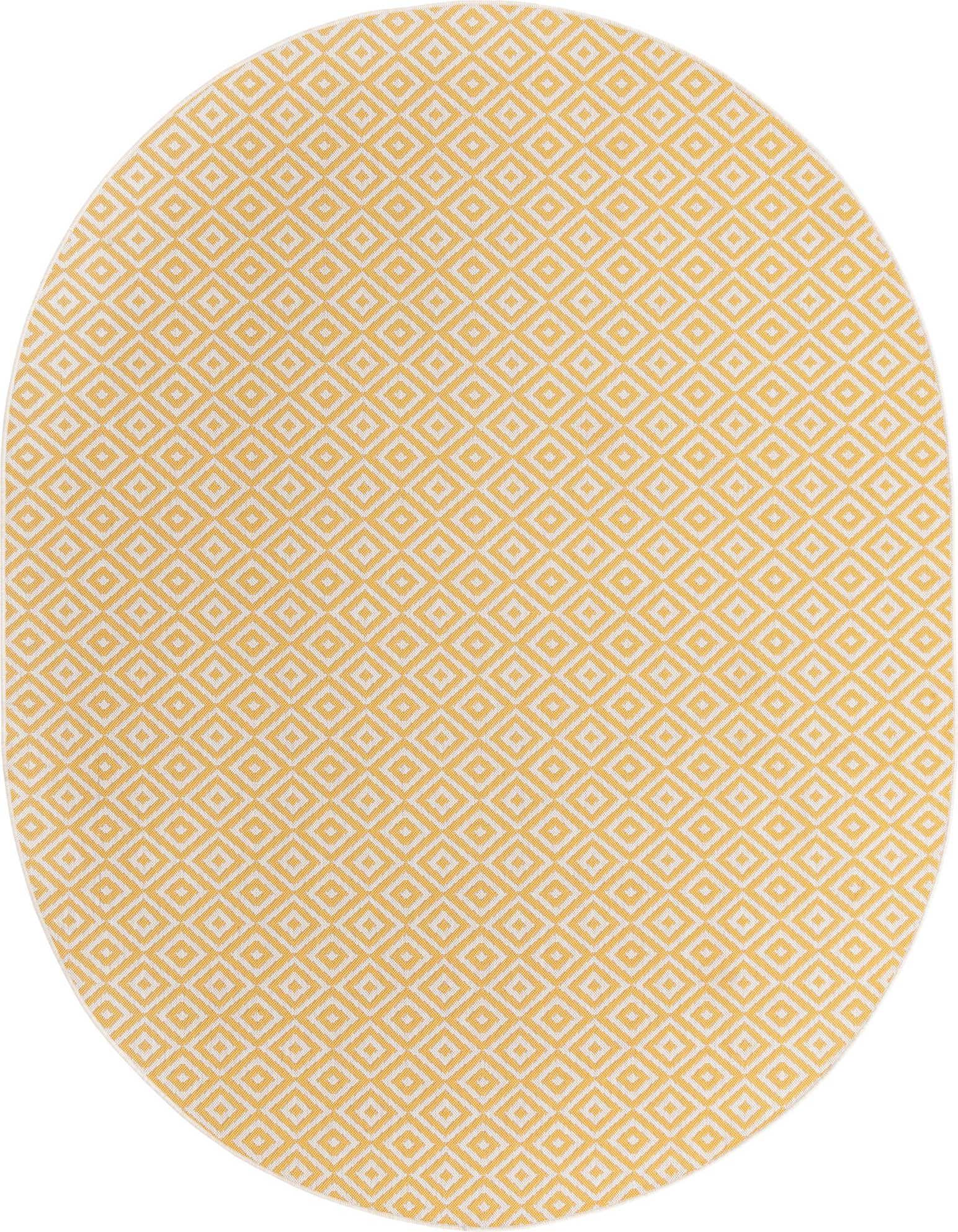 A 7'10" x 10'0" oval Jill Zarin Outdoor rug in yellow and ivory with a modern trellis pattern.