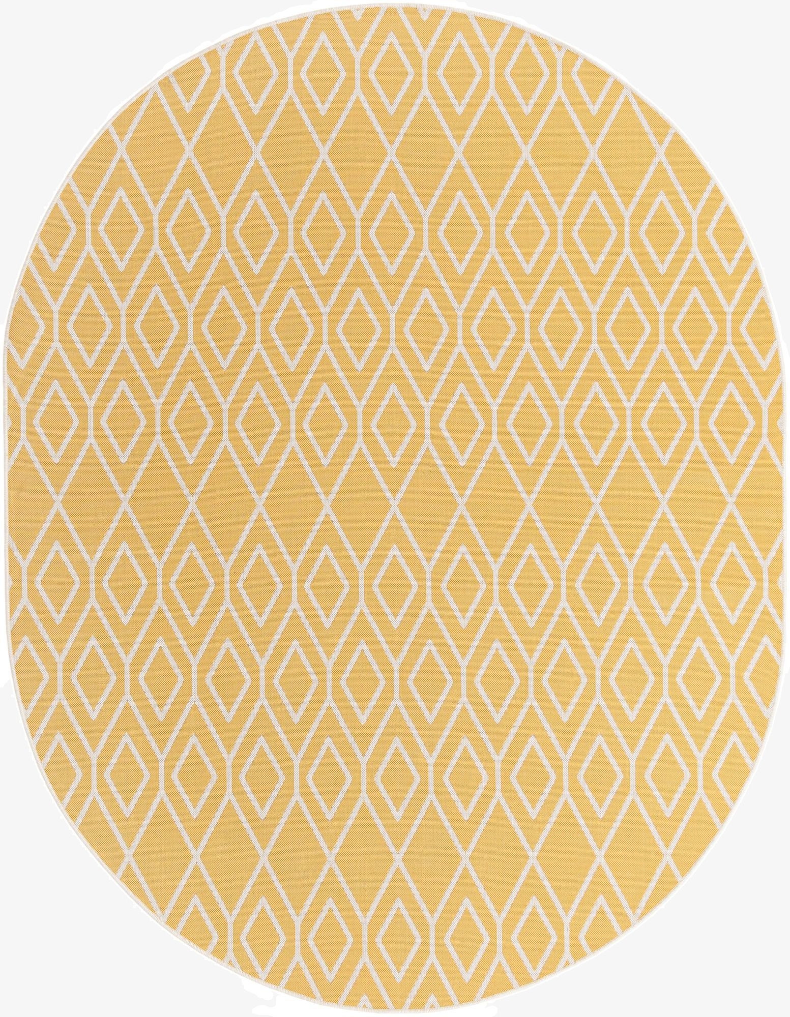 A 7' 10 x 10' 0 oval yellow and ivory outdoor rug with a modern trellis pattern.