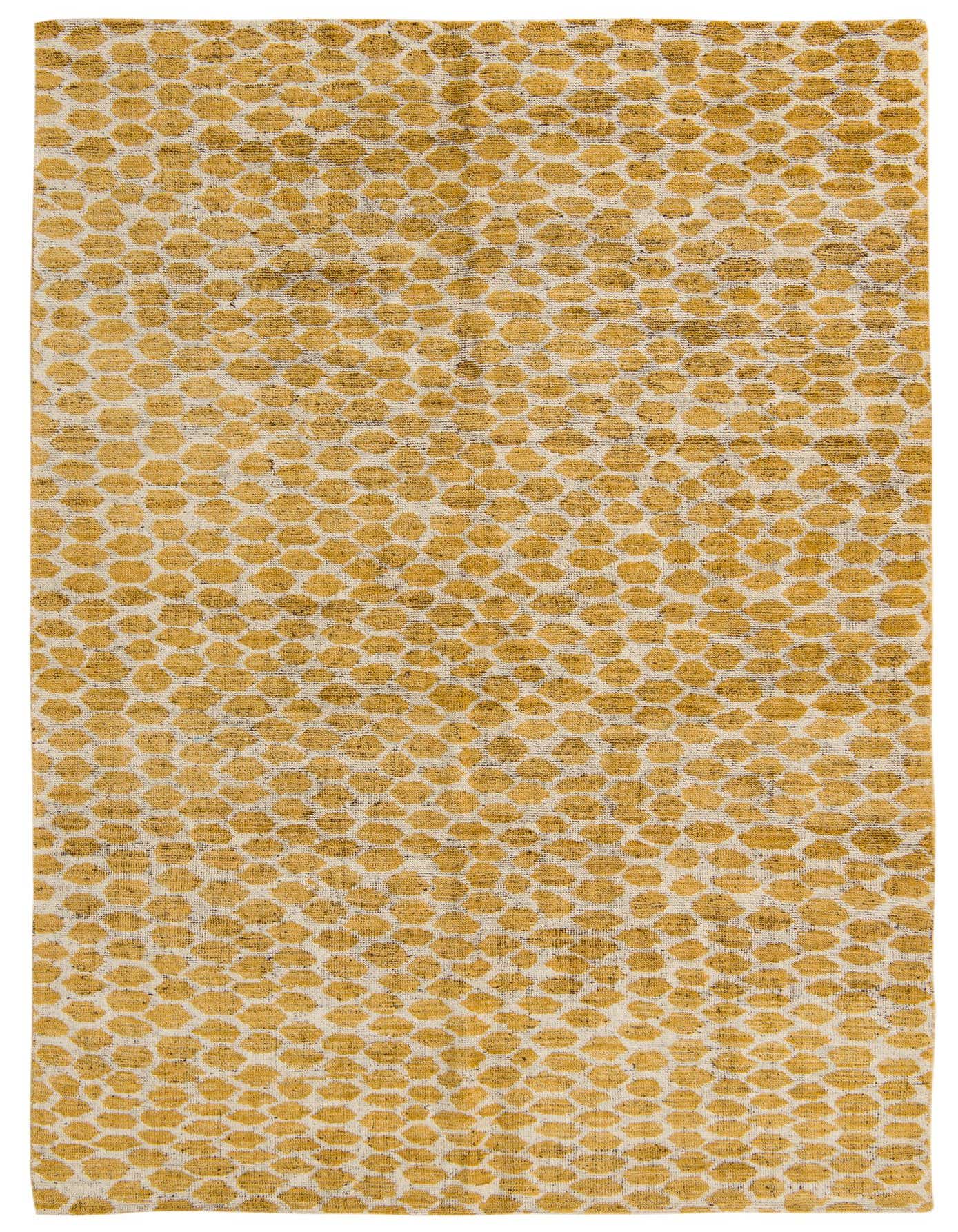 A 6x9 rectangular Darya rug with a modern abstract pattern in yellow and ivory, made of wool.
