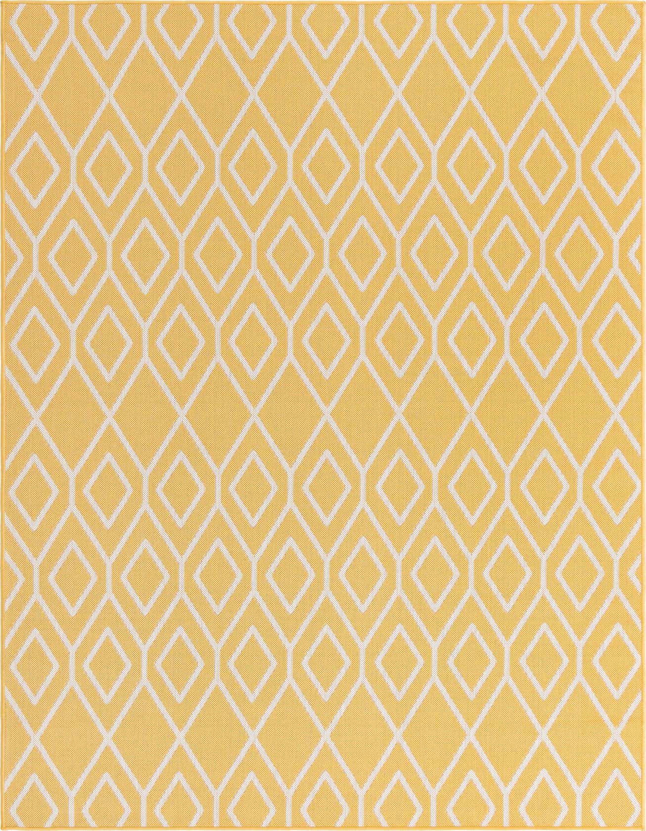 A 6x9 rectangular indoor/outdoor rug featuring a yellow background with a repeating ivory geometric trellis pattern.
