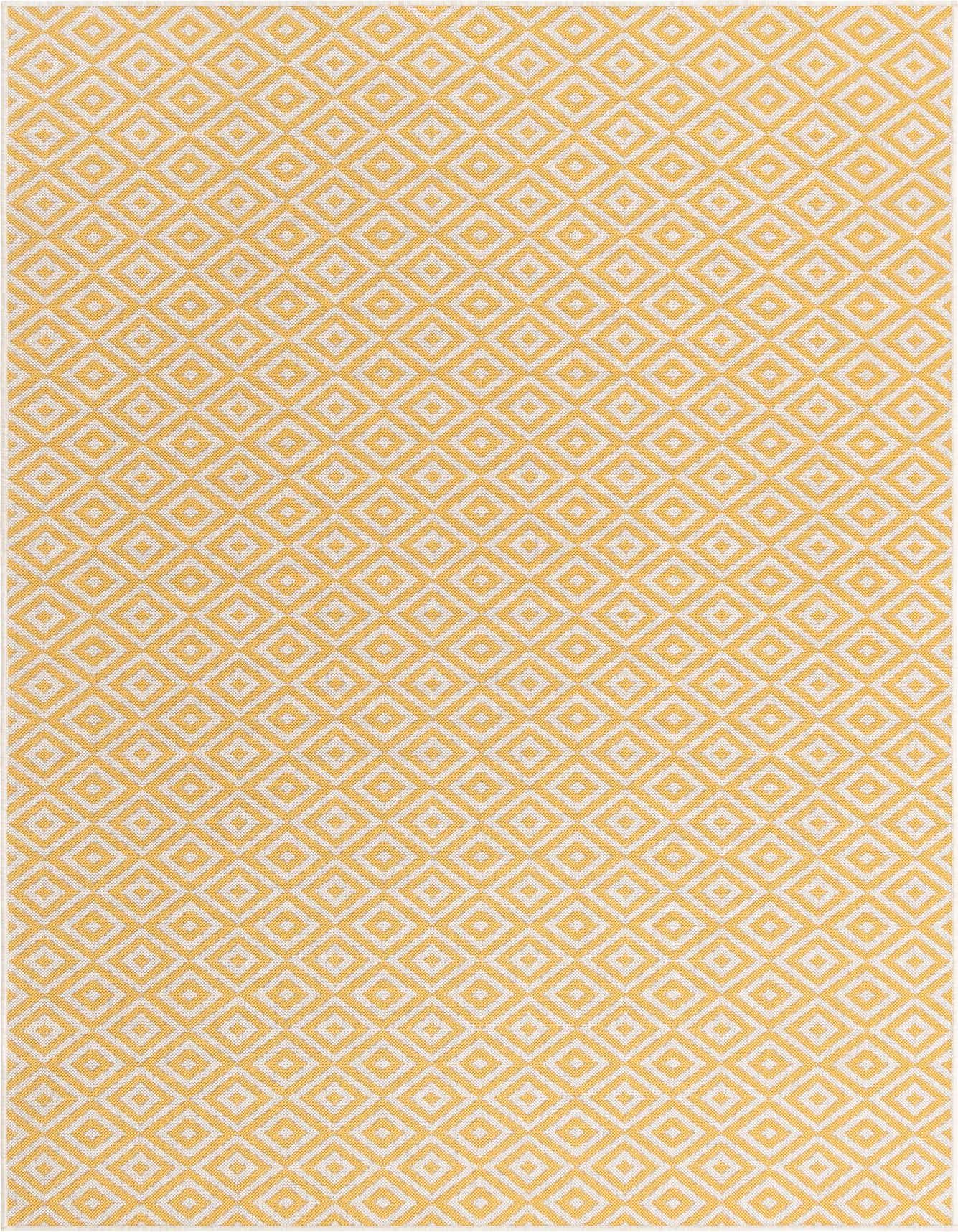 A 6x9 rectangular yellow and ivory Bohemian trellis rug with a textured flatweave, suitable for indoor or outdoor use.