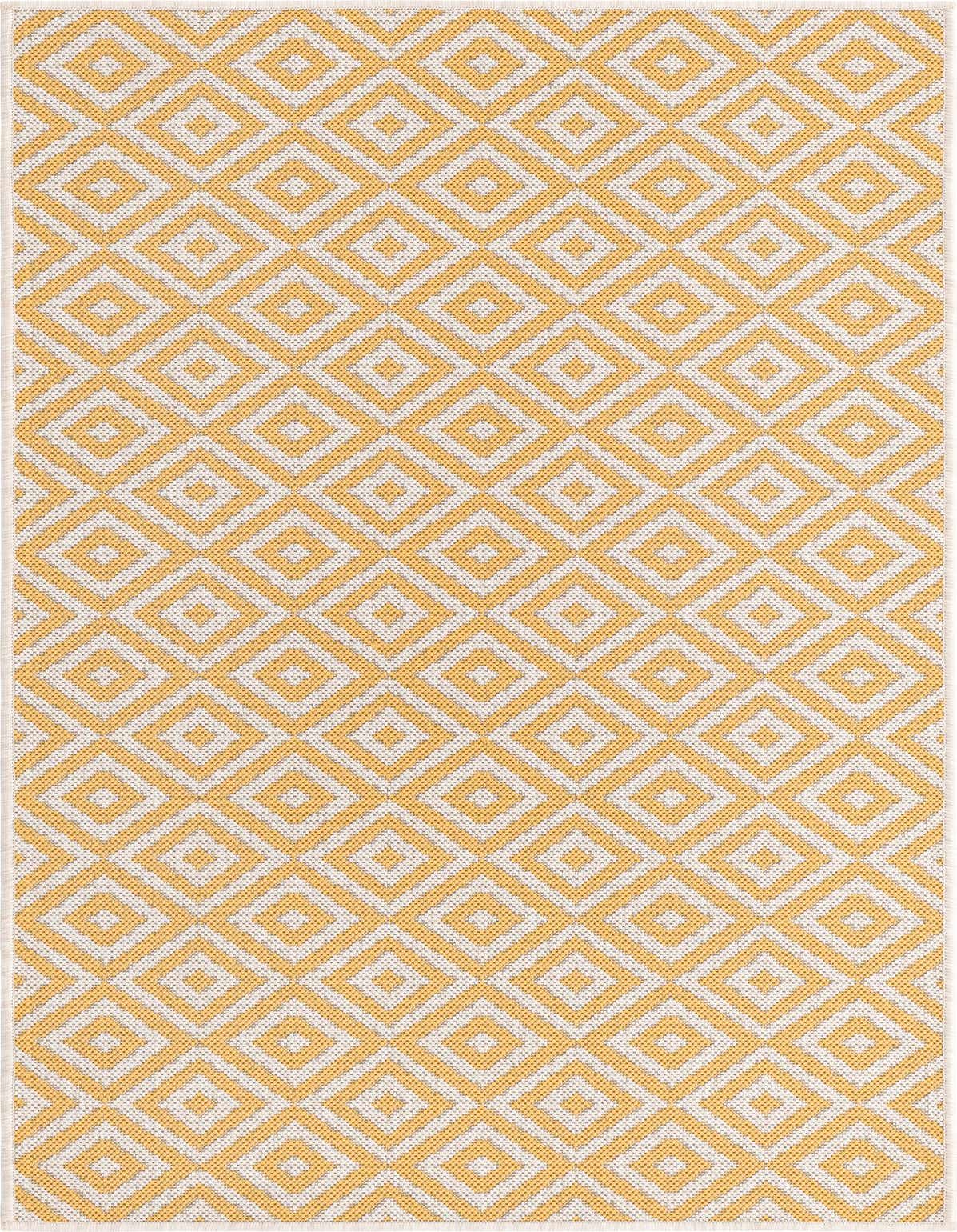 A 3x5 rectangular Jill Zarin Outdoor rug in yellow and ivory with a repeating modern trellis pattern.