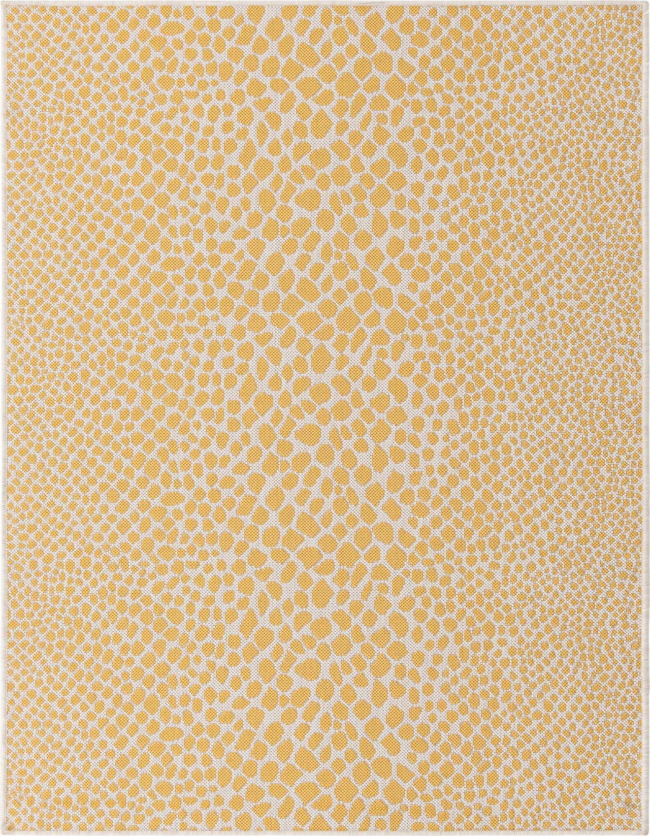 A 4x6 rectangular yellow and ivory modern rug with an abstract zebra-like pattern, suitable for indoor or outdoor spaces.