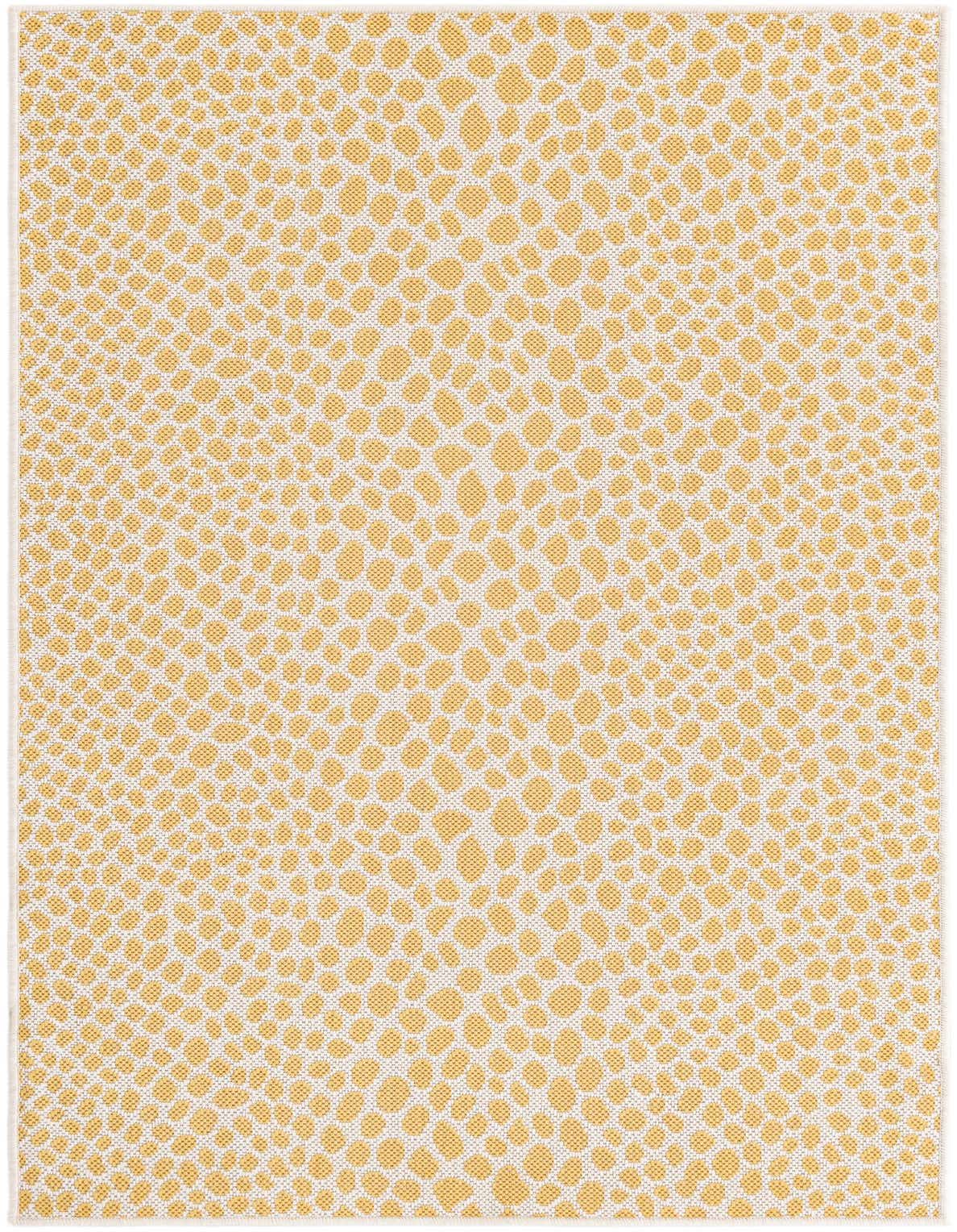 A 3x5 rectangular Jill Zarin Outdoor rug featuring a modern yellow and ivory zebra-like abstract pattern, suitable for patios.
