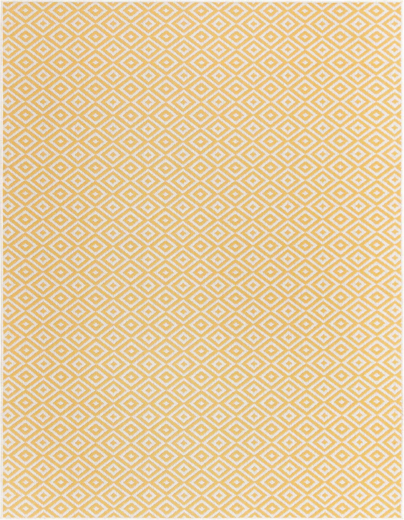 A 7x10 rectangular yellow and ivory Bohemian trellis rug with a textured flatweave pattern, suitable for indoor or outdoor use.