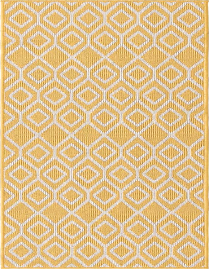 A 6 ft runner rug with a yellow background and an ivory modern trellis pattern, suitable for a hallway or patio.