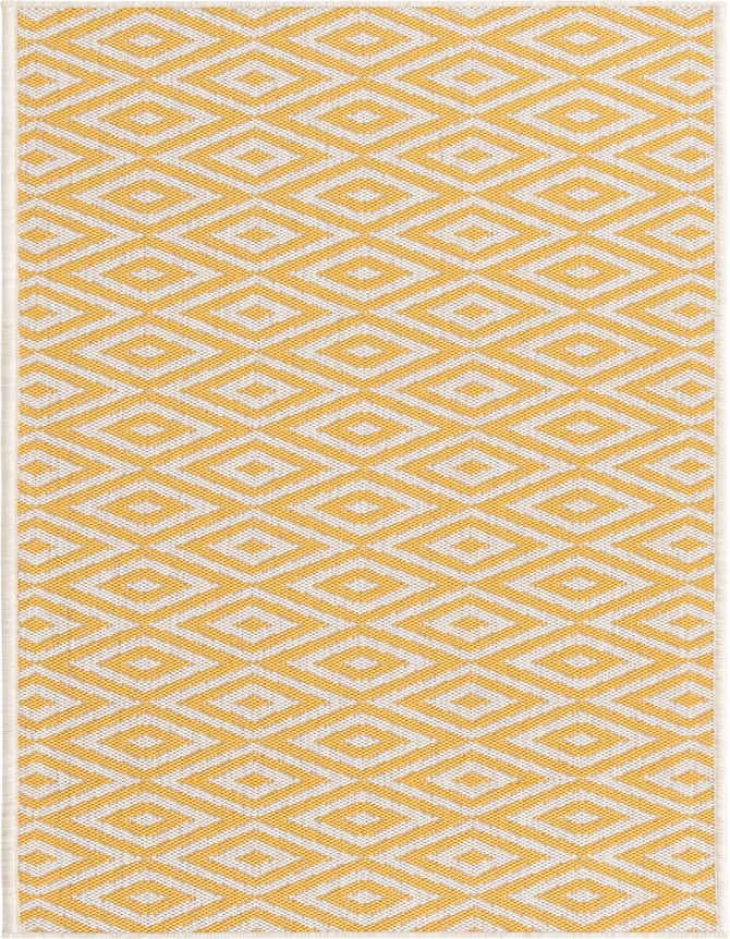A 6 ft runner rug featuring a modern trellis pattern in vibrant yellow and ivory, ideal for hallways or patios.