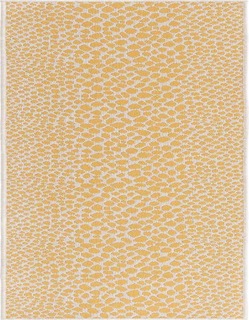 A long 8 ft yellow and ivory runner rug with a modern, abstract spotted pattern, suitable for a hallway or patio.
