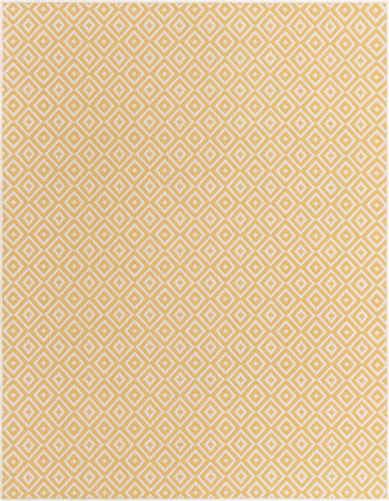 A 7'10" square Jill Zarin Outdoor rug featuring a repeating yellow and ivory geometric trellis pattern, ideal for a patio.