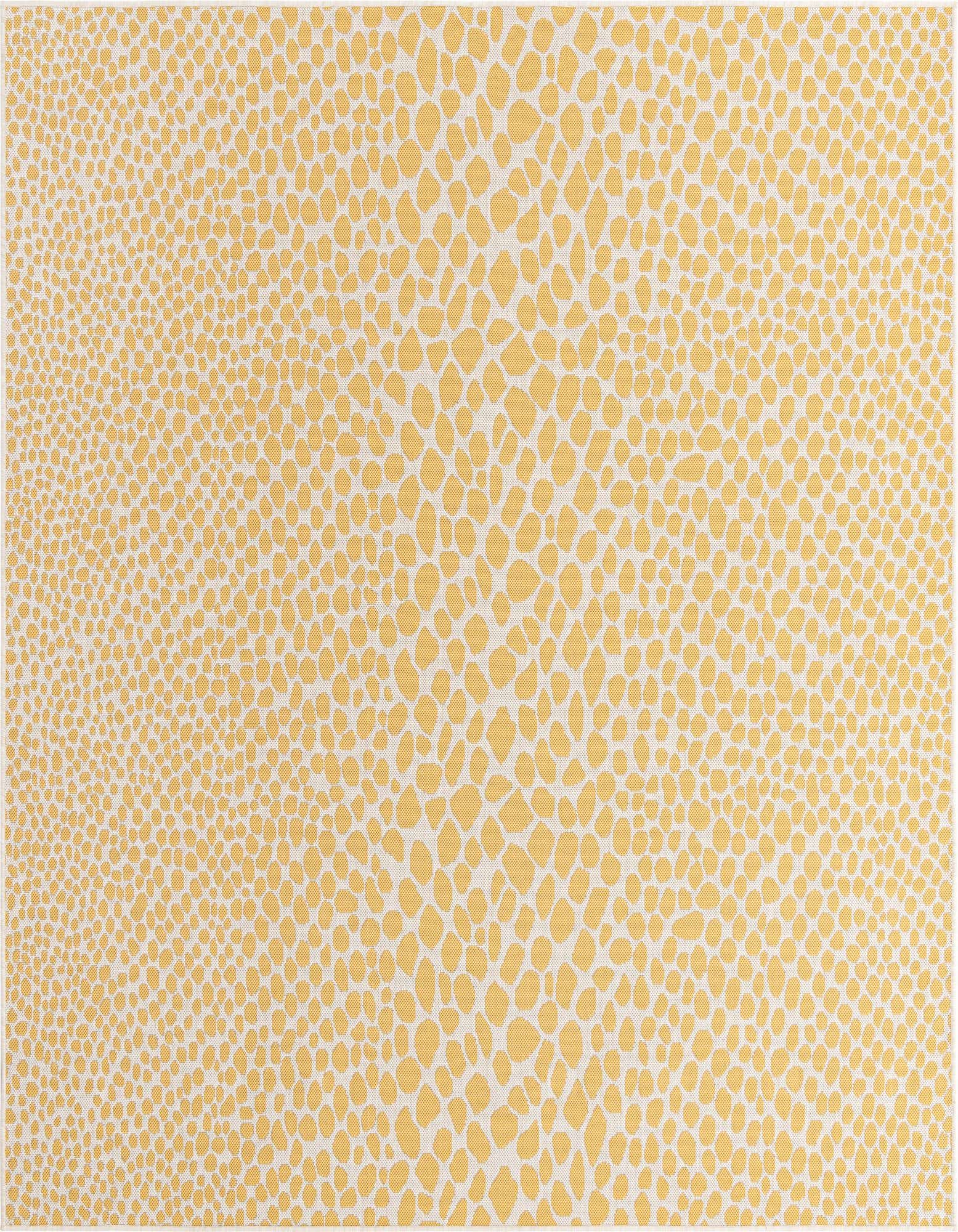 A 7' 10 x 7' 10 square yellow and ivory modern rug with an abstract zebra-like pattern, suitable for a patio.