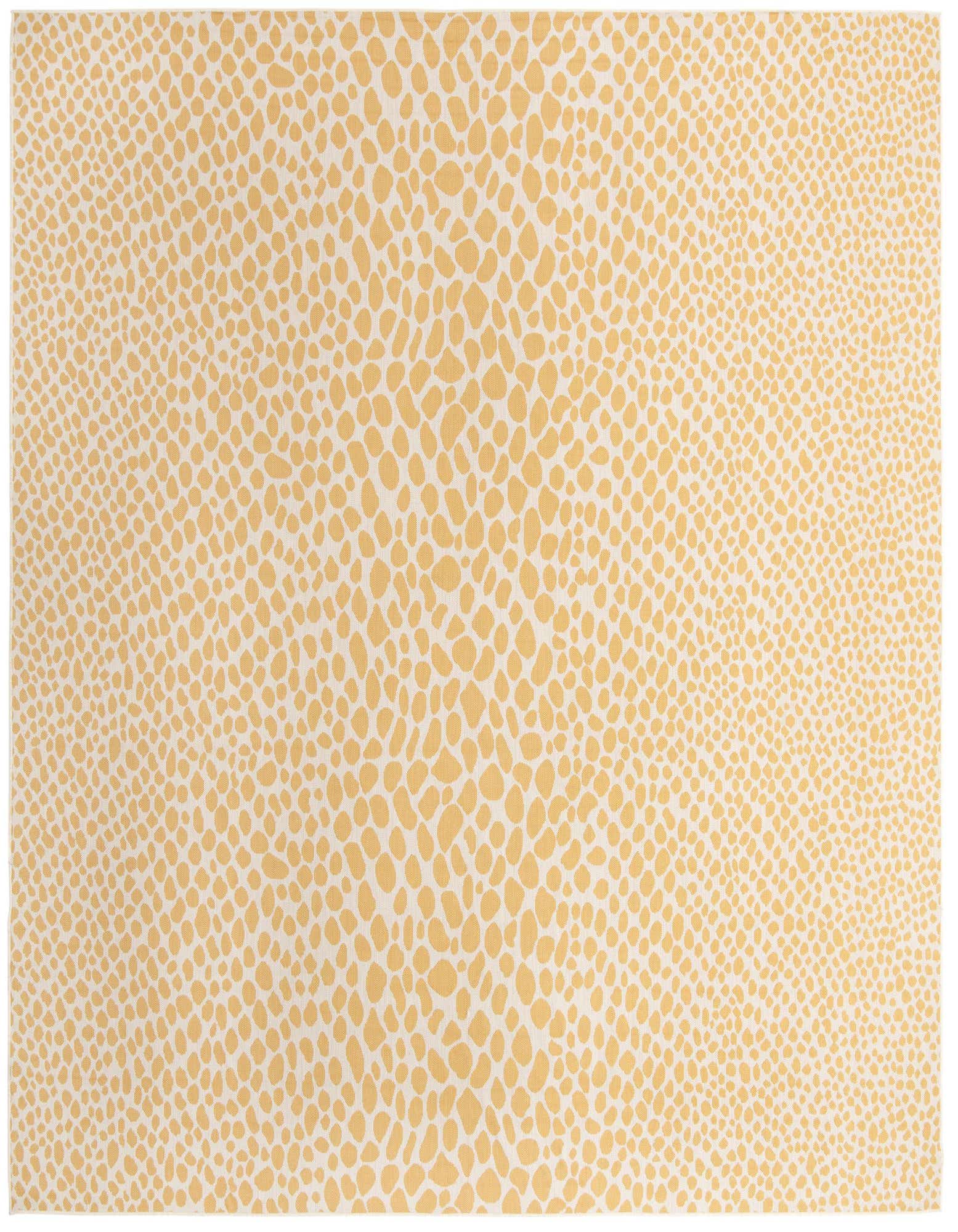 A 13' square yellow and ivory modern abstract rug with a textured, organic pebble-like pattern.
