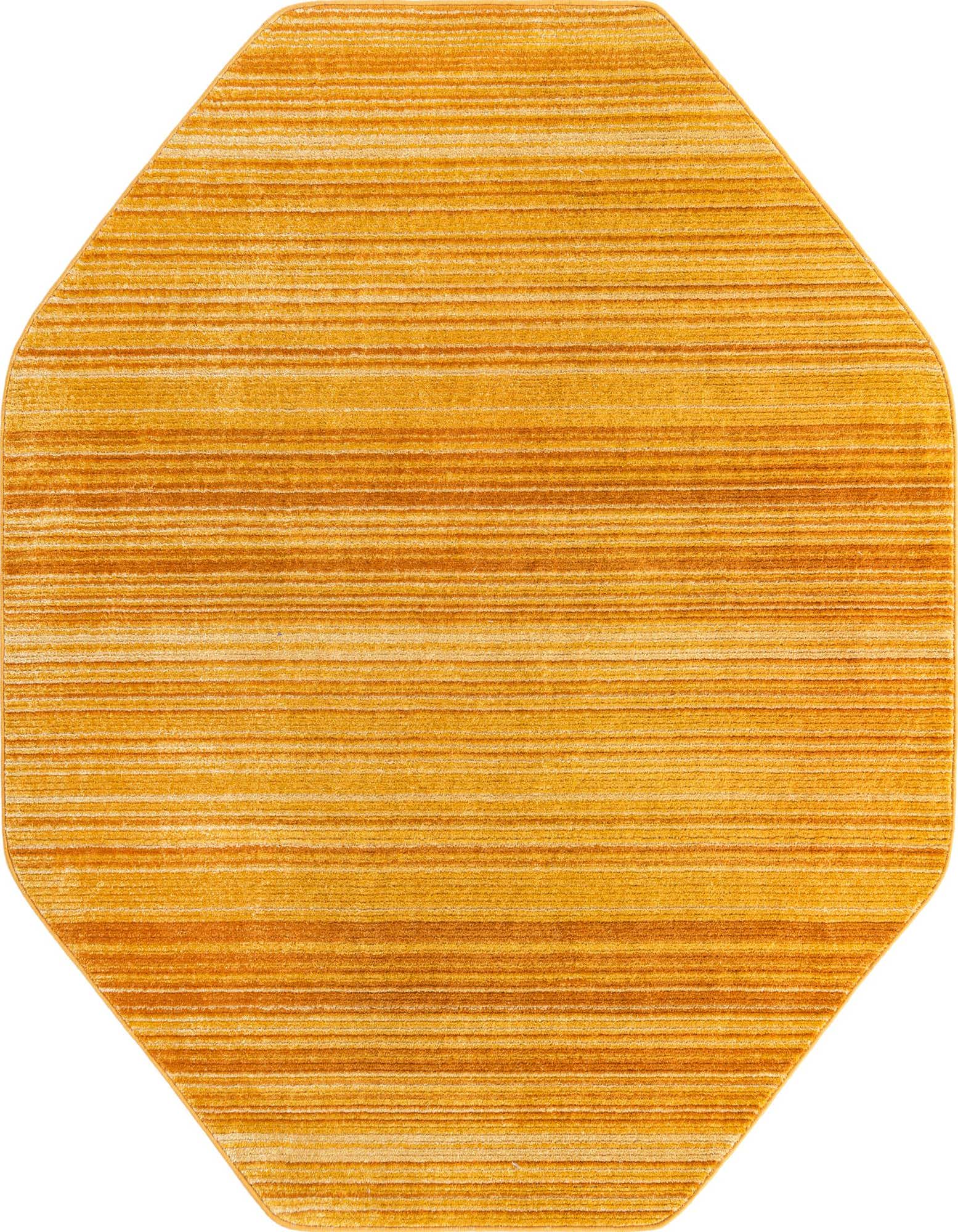 A 7' 3 x 7' 3 octagon-shaped yellow and gold modern area rug with a textured, striped pattern.