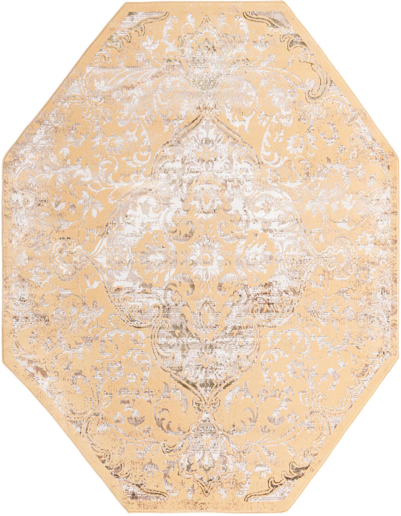 An octagon-shaped yellow and gold traditional rug with a distressed medallion pattern, ideal for an indoor living space.