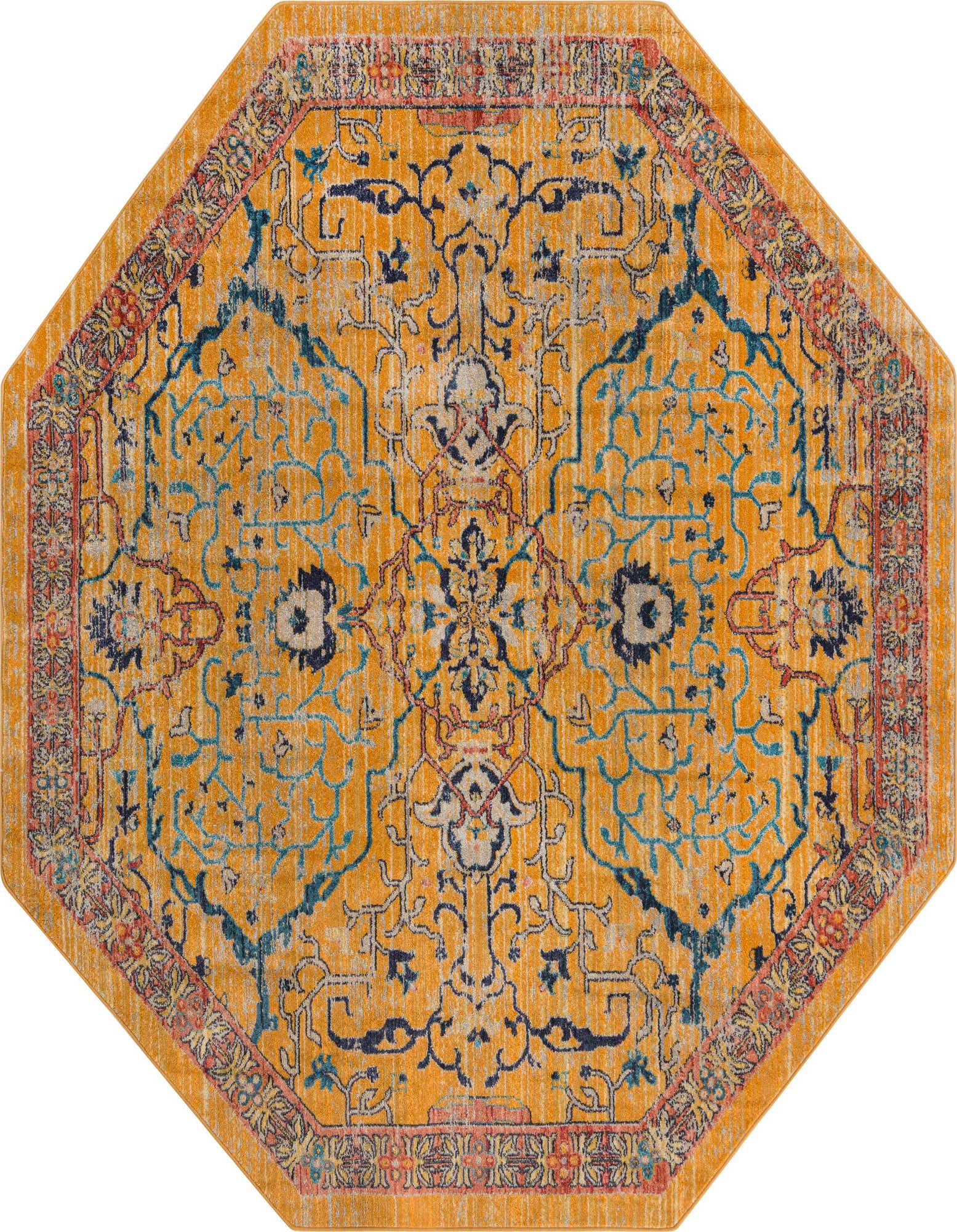 An octagonal yellow rug with a distressed traditional tribal pattern in blue, red, and cream, suitable for an indoor living space.