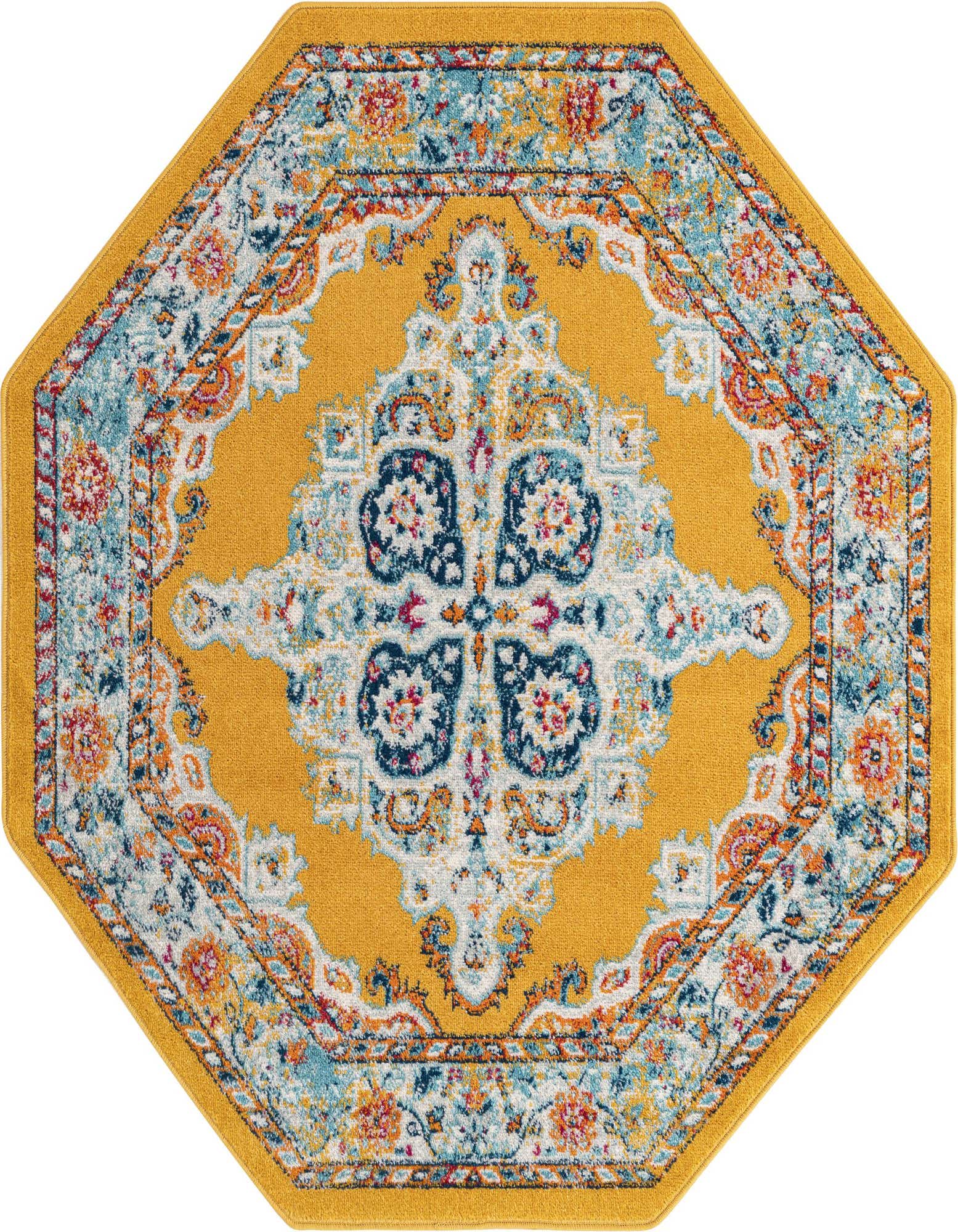 A 5' 0 x 5' 0 octagon rug from the Rugs.com Parker collection, featuring a vibrant yellow background with a central medallion and traditional floral patterns in blue, orange, and white.