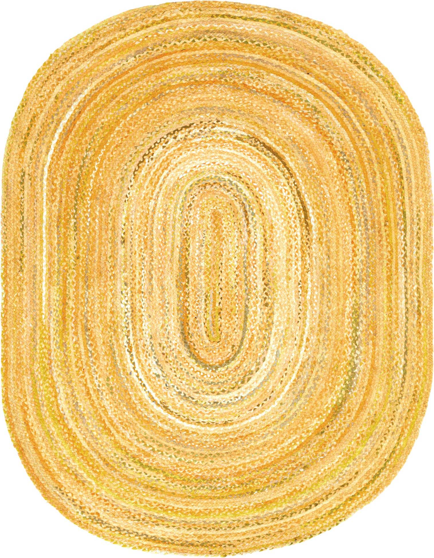 An 8' x 10' oval braided Chindi rug in shades of orange and yellow, showcasing its textured, natural cotton weave.