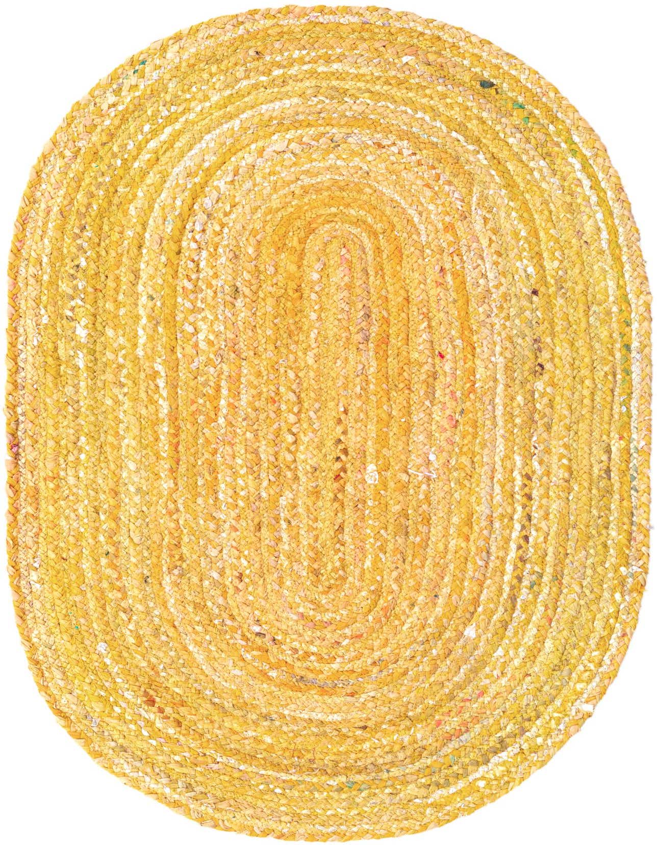 A 3' 3 x 5' 1 oval braided chindi rug in vibrant oranges and yellows, featuring a textured, modern, natural style.