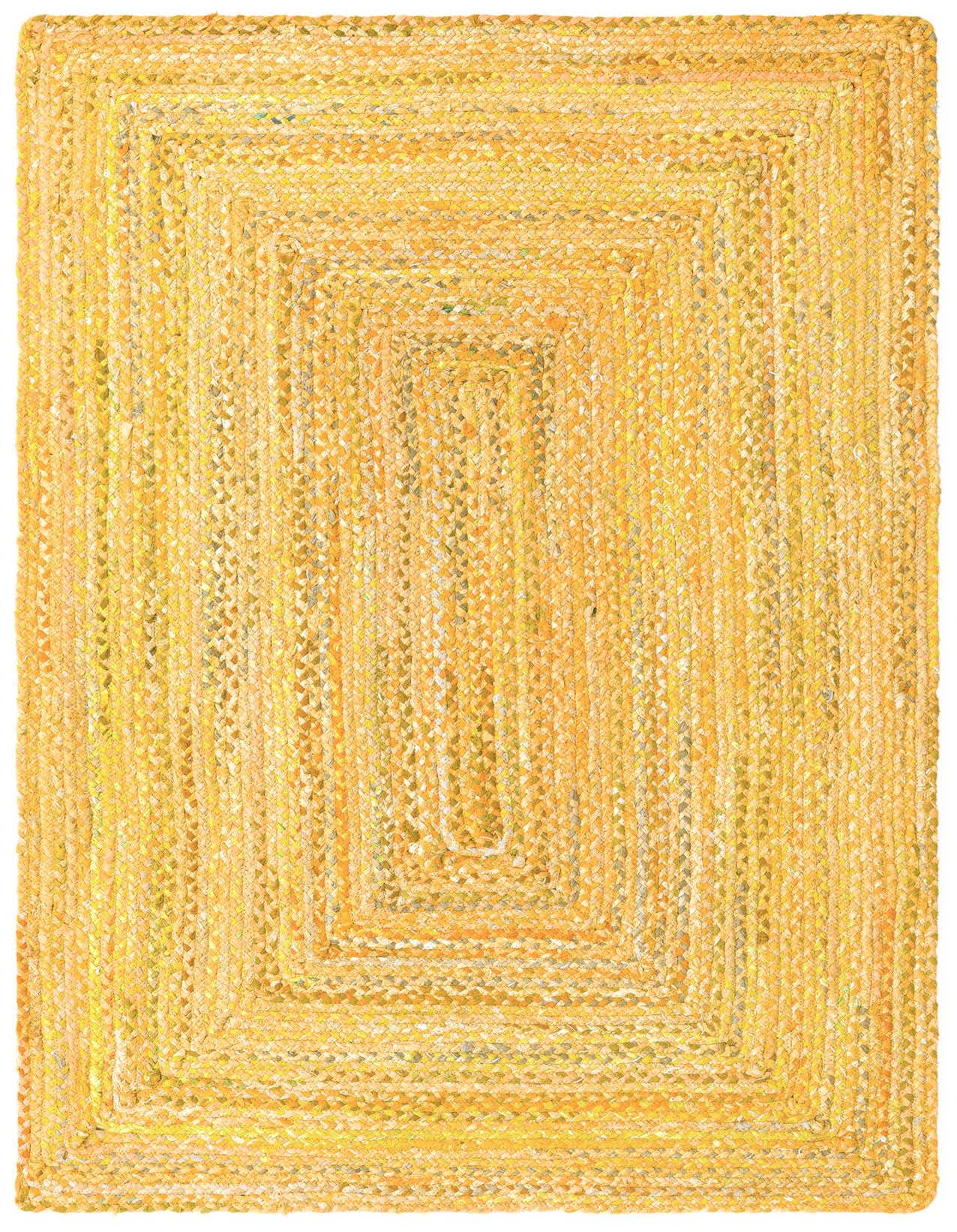 A 5x8 rectangular Braided Chindi rug in vibrant oranges and yellows, featuring a textured, modern, natural style.