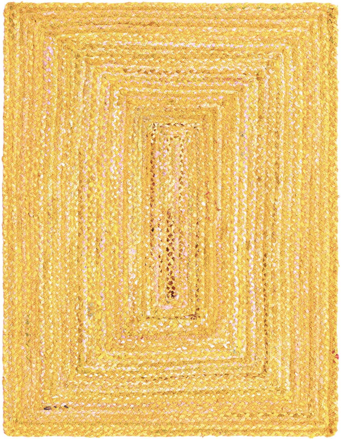 A 4x6 rectangular braided chindi rug in vibrant orange and yellow tones, featuring a textured, modern, natural style.