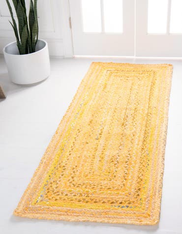  Custom Yellow Orange  Hand Braided Chindi Runner Rug