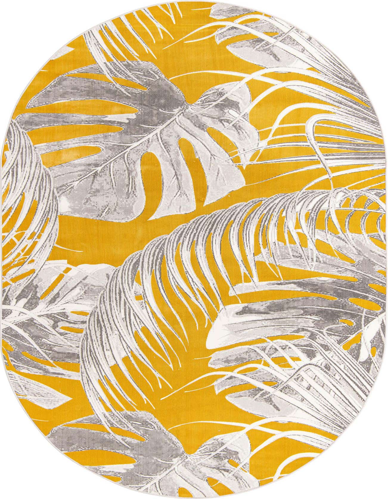A 4' x 6' oval yellow rug with a modern coastal pattern of large grey and white palm leaves.