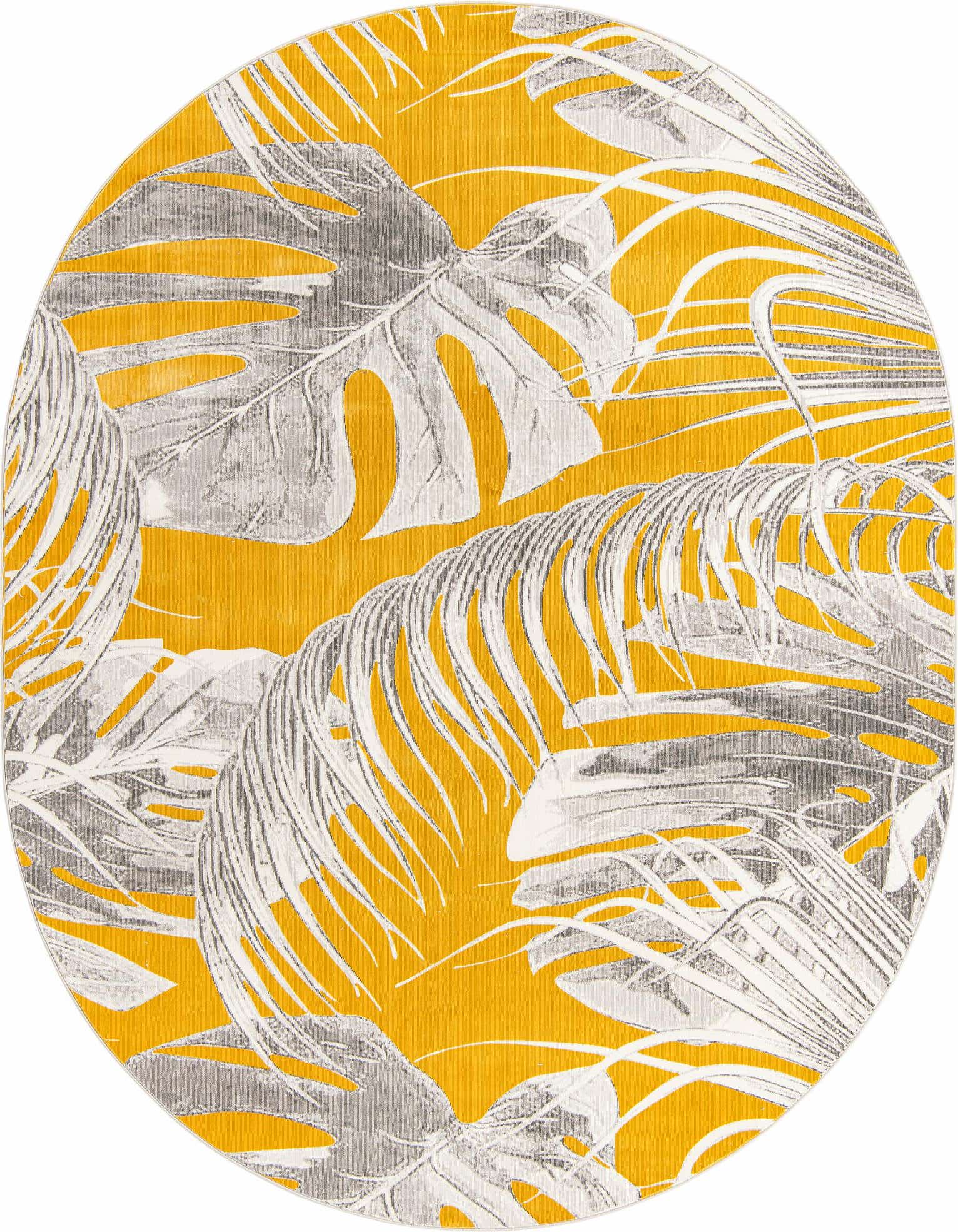 A vibrant yellow oval rug featuring large grey and white botanical monstera and palm leaves, perfect for a modern indoor space.