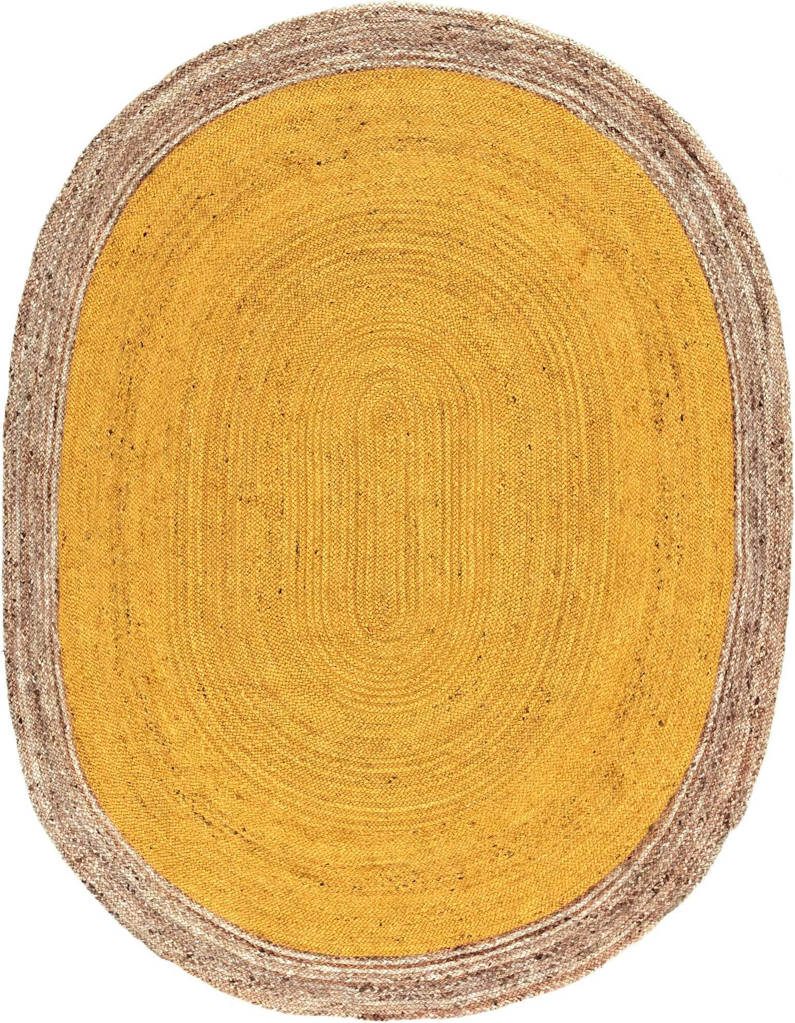 An 8'x10' oval yellow jute rug with a natural braided border, showcasing its textured, eco-friendly design.