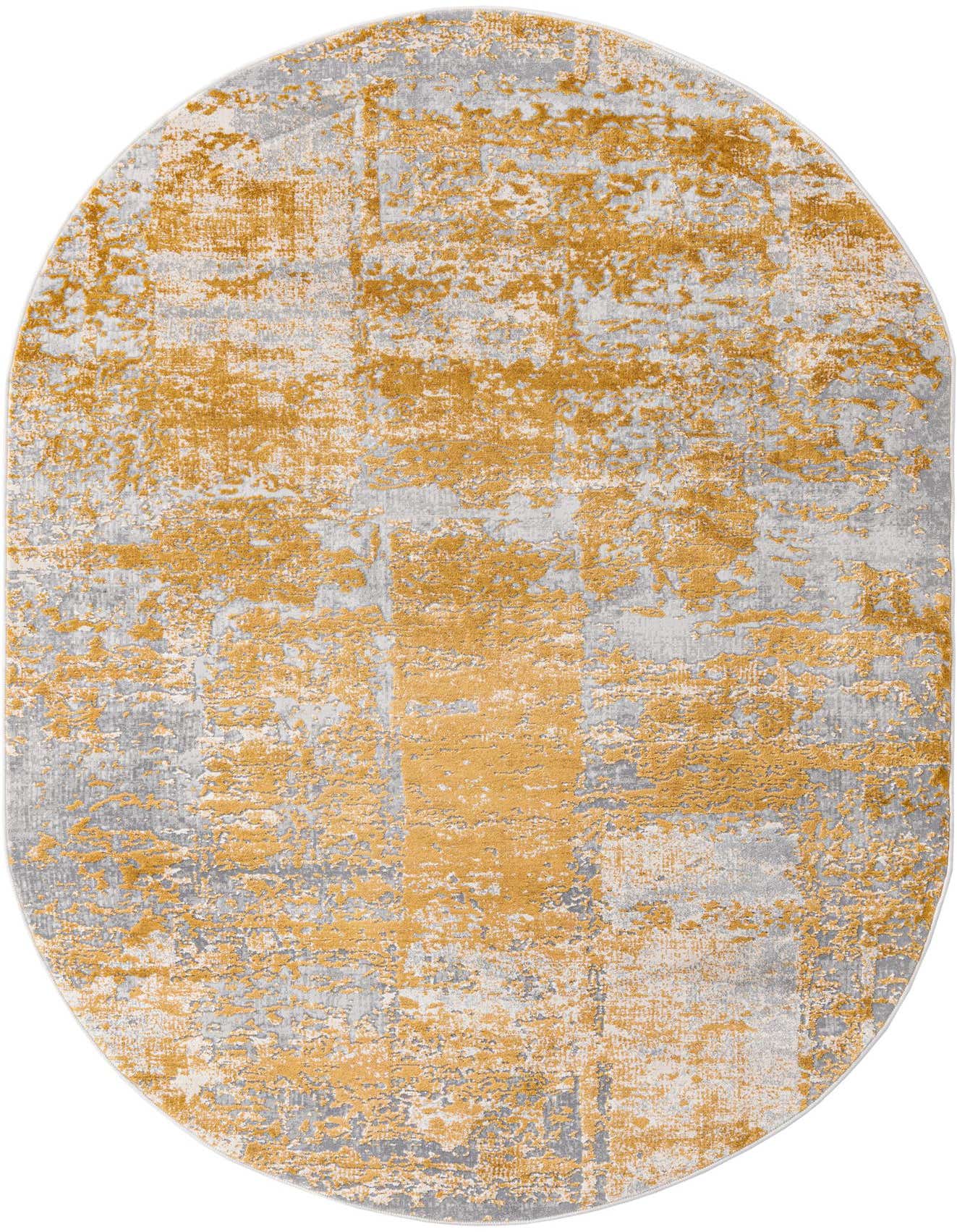 An oval 5'3" x 8'0" Finsbury rug featuring a modern abstract pattern in varying shades of yellow, gold, and light gray, with a textured high/low pile.