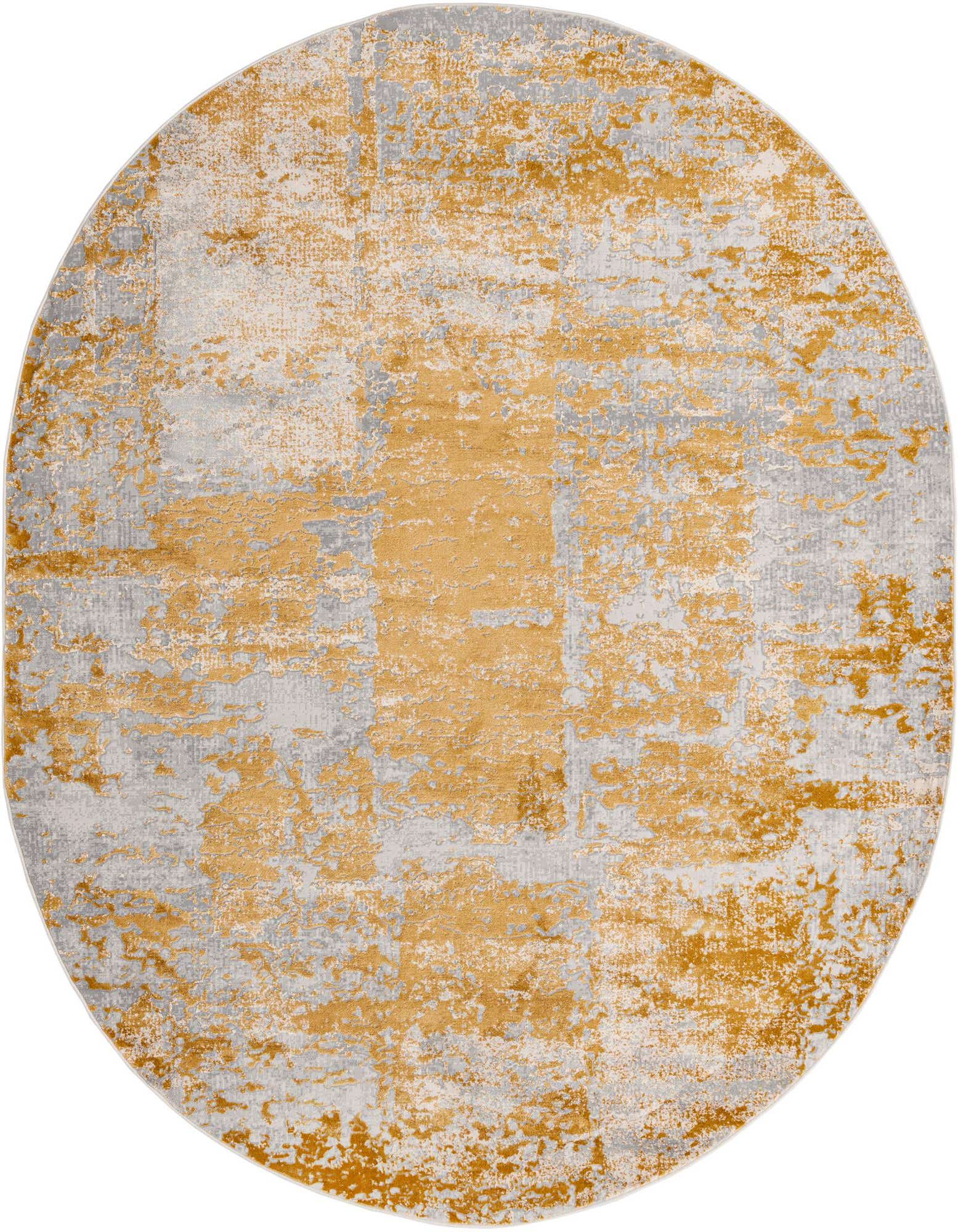 An oval 7' 10 x 10' 0 Finsbury rug featuring an abstract pattern in varying shades of yellow and gold with hints of gray.