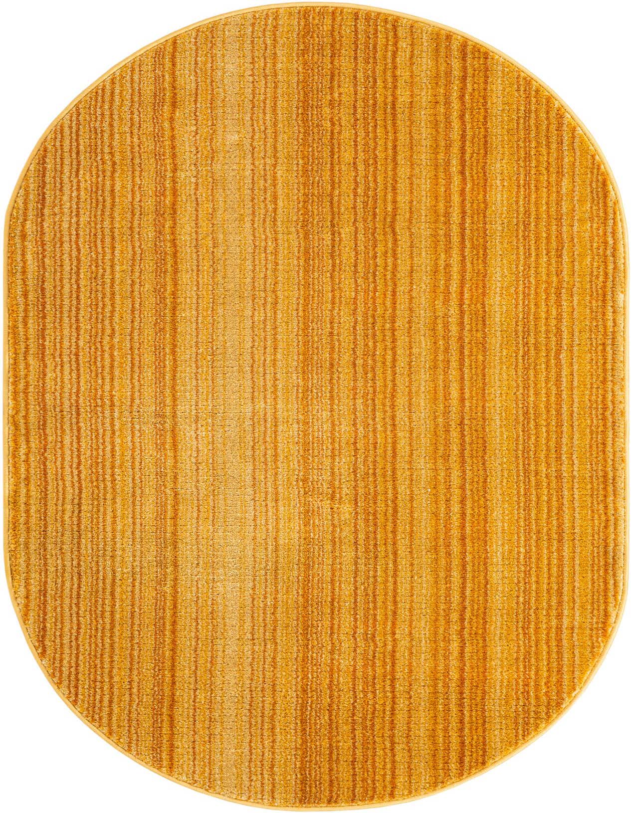 A 3' 3 x 5' 3 oval yellow and gold polypropylene rug with a textured, striped pattern.