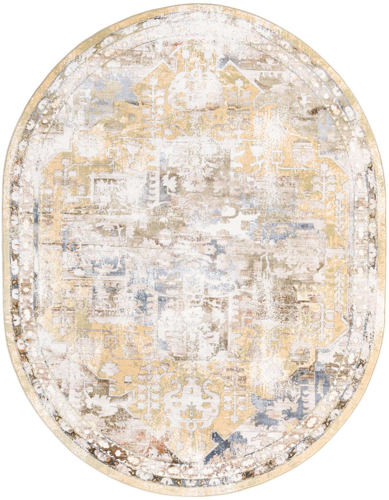 An oval 7' 10 x 10' 0 Highbury rug featuring a distressed traditional medallion pattern in yellows, golds, and muted blues.