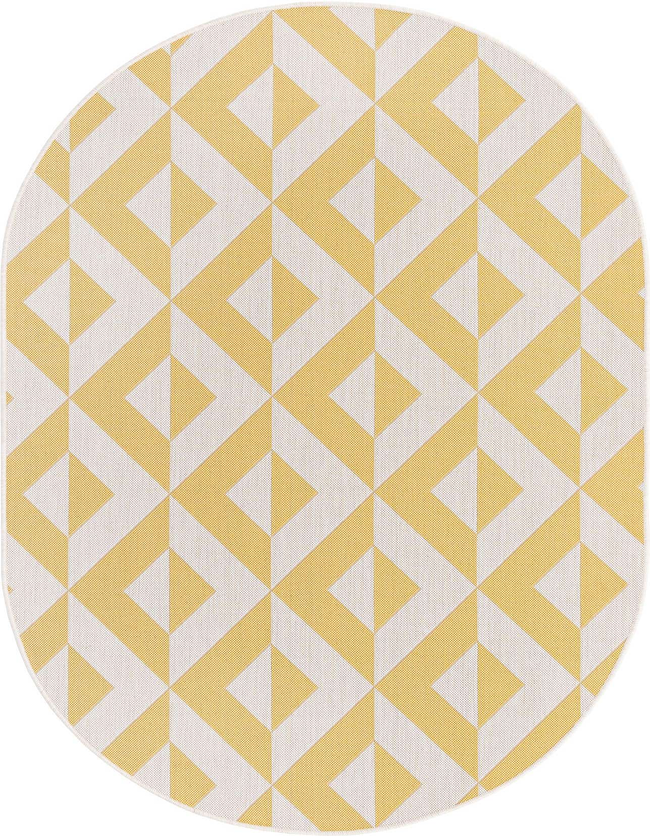 A 5'3" x 8'0" oval rug featuring a modern geometric trellis pattern in yellow and off-white, suitable for indoor or outdoor use.