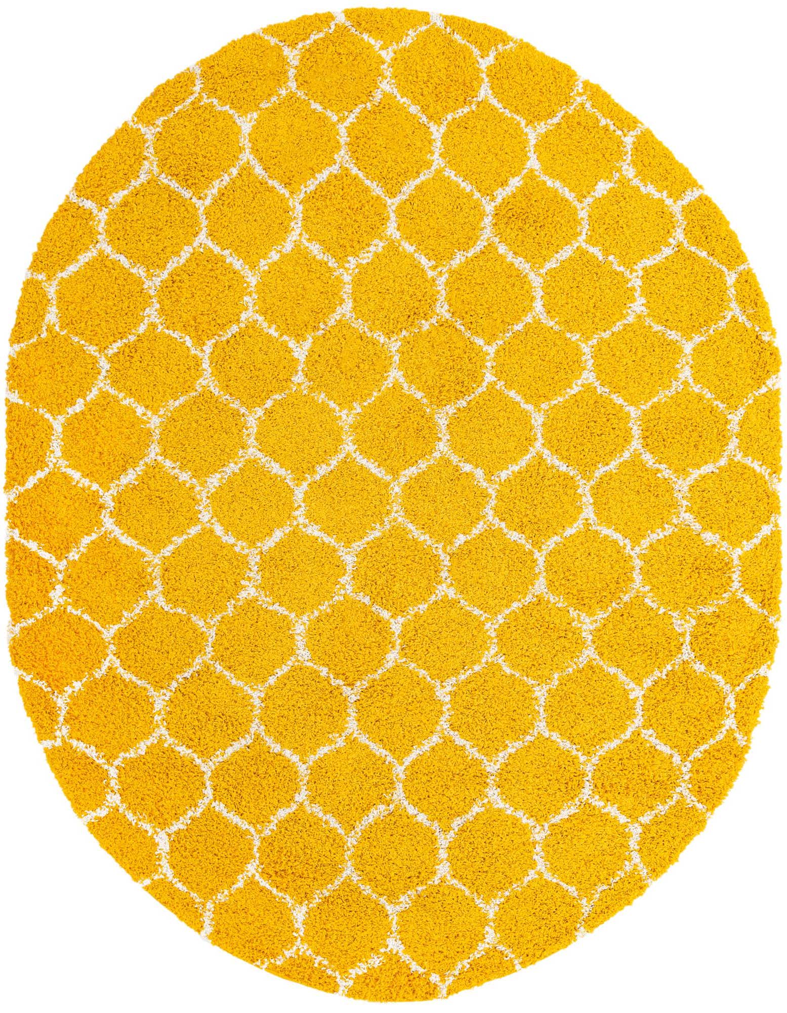 A vibrant 7' 10 x 10' 0 oval yellow rug featuring a modern white lattice pattern with a textured high/low pile.