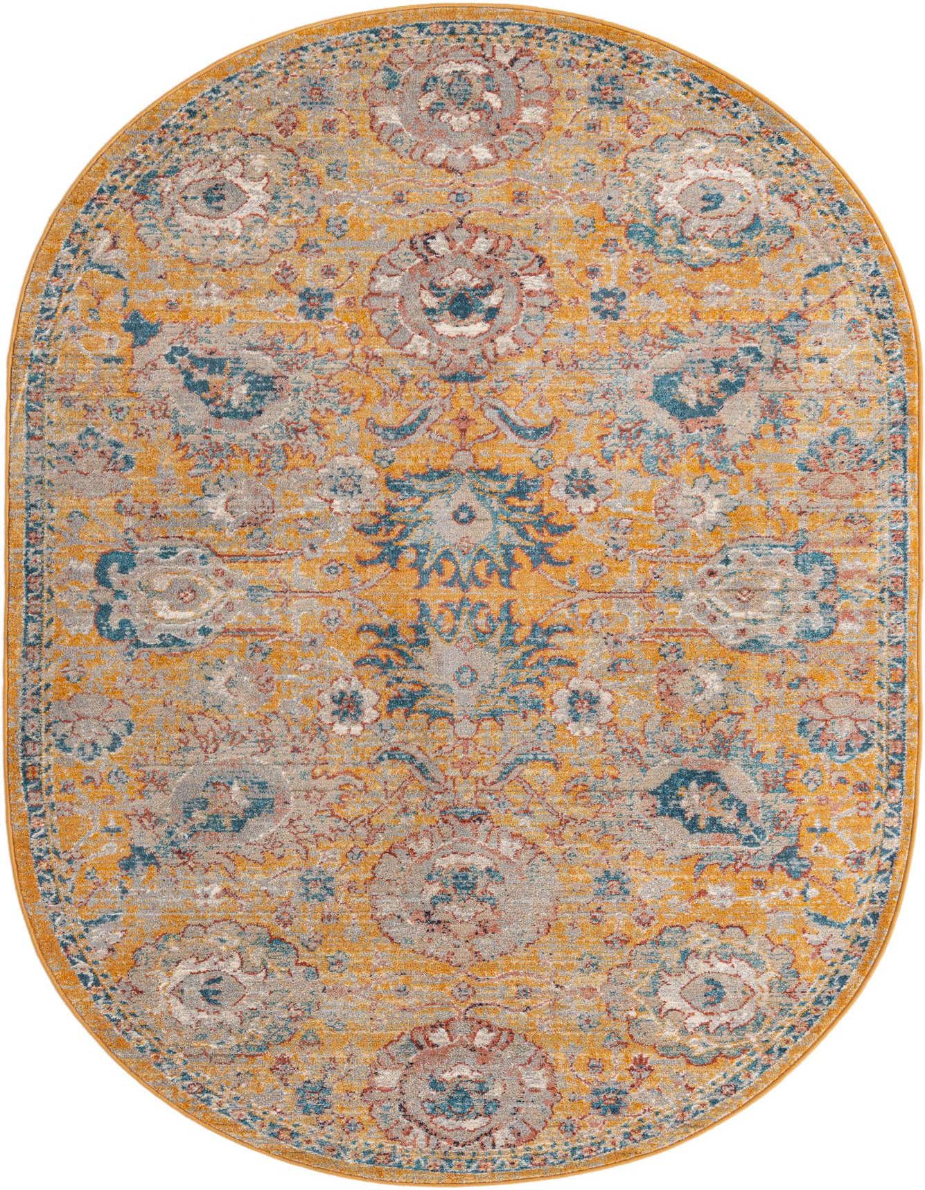 An oval 5' 3 x 8' 0 Lola Collection rug in yellow and gold with a distressed traditional floral pattern.