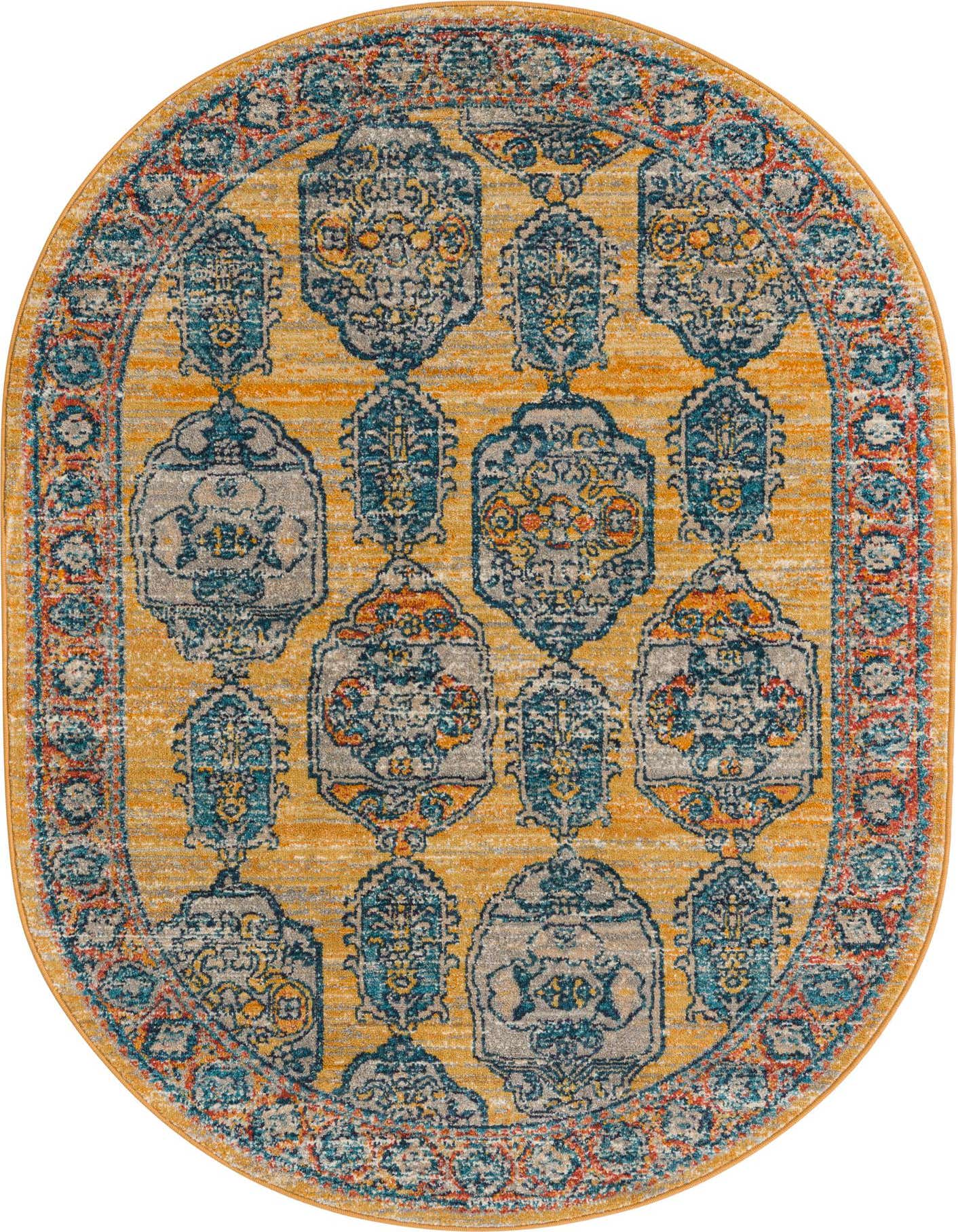 A 4'x6' oval Lola Collection rug featuring a distressed yellow background with blue, grey, and orange Bohemian patterns.