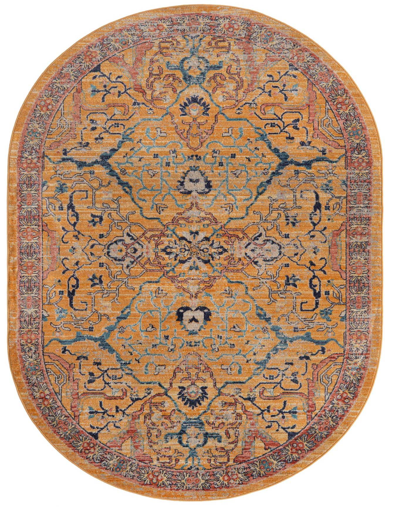 An oval 5'3" x 8'0" Lola Collection rug in yellow and gold with a traditional tribal pattern and blue and red accents.